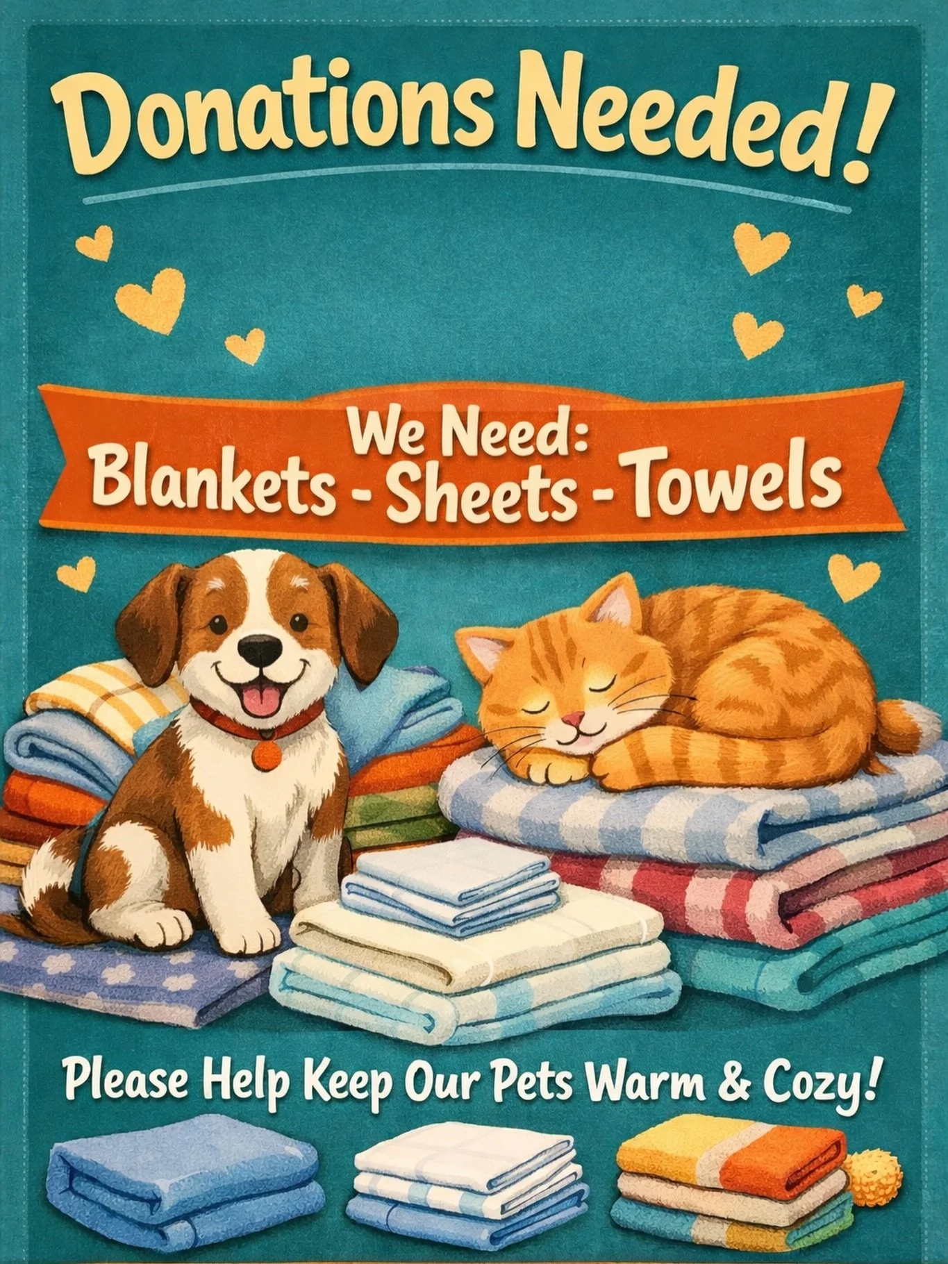 We&rsquo;re running low! 🚨
Gently used blankets, sheets &amp; towels needed ASAP to keep our shelter pets warm. Your donation matters more than you know. 💛