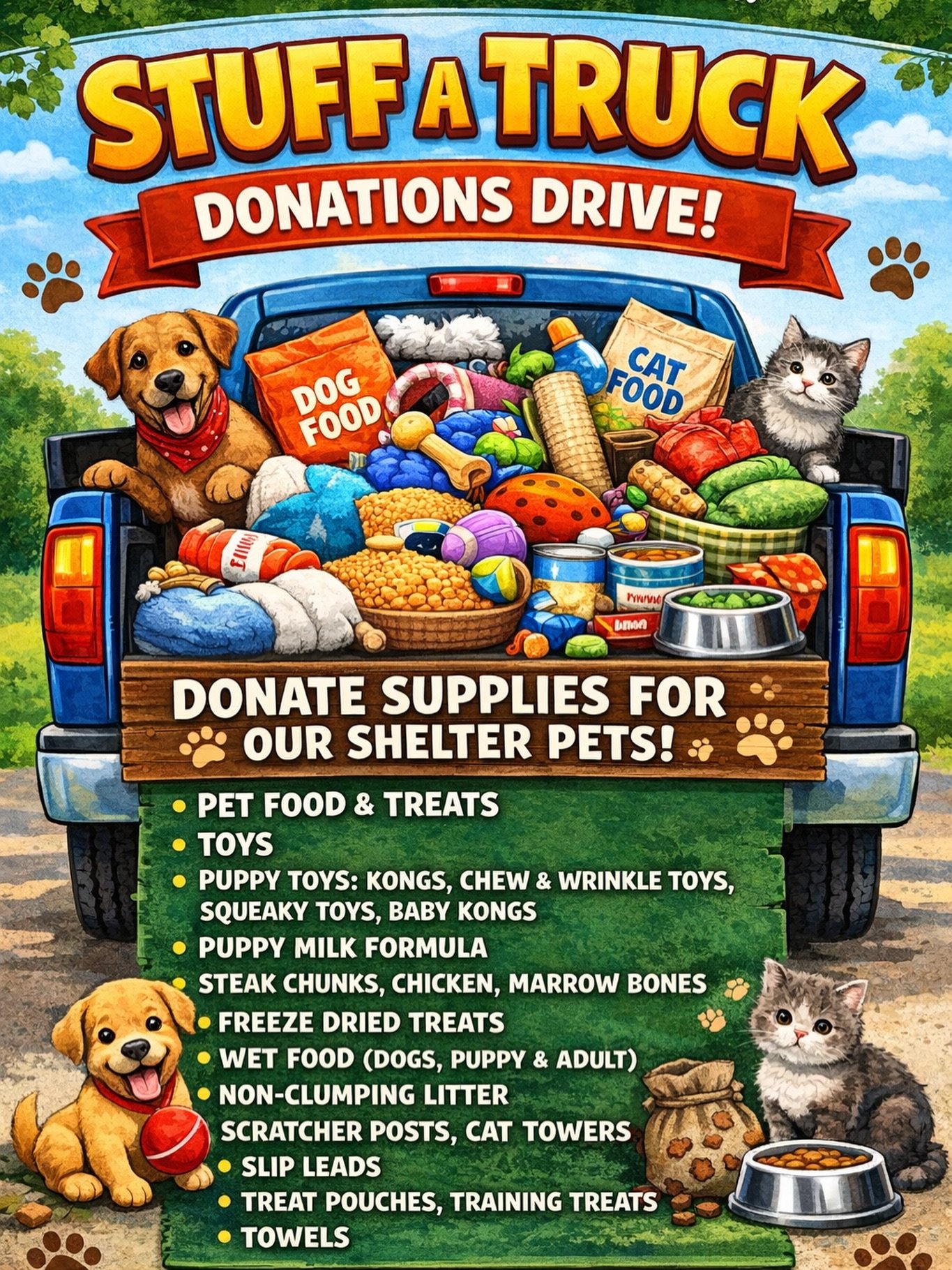 🚚🐾 STUFF THE TRUCK FOR SHELTER PETS! 🐾🚚
This Saturday at Walmart 12:00-4:00pm
We&rsquo;re collecting donations to help keep our shelter animals happy, healthy, and comfortable &mdash; and we need your help filling the truck! ❤️

Every toy, treat,