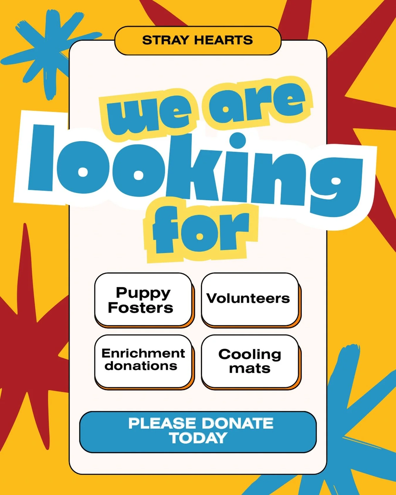 Right now, Stray Hearts Animal Shelter is in need of puppy fosters, volunteers, enrichment donations, and cooling mats to keep our dogs safe and happy 💛

Want to help but not sure how?
You can make an immediate impact by shopping our wishlists &mdas