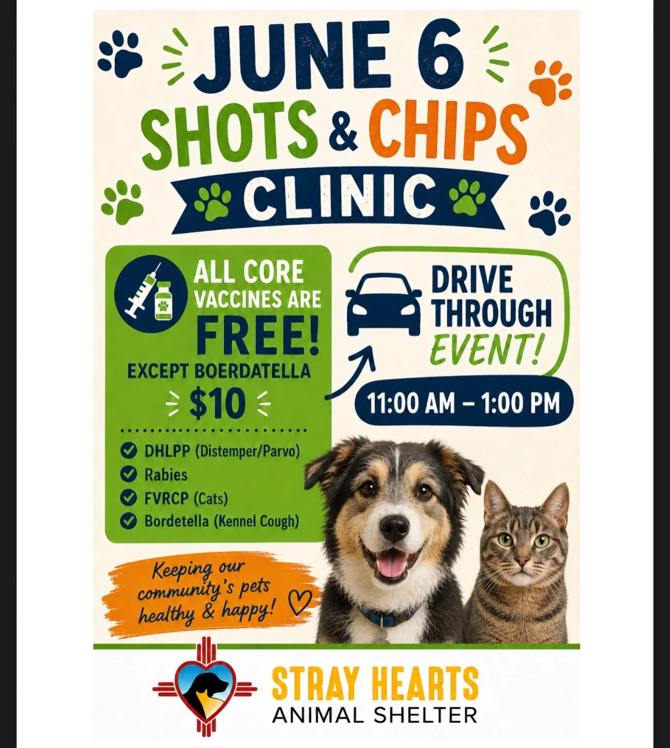 🐾 Join Us This Weekend for Our Shots &amp; Chips Clinic! 🐾

Help keep your pets healthy and protected! Stop by our Shots &amp; Chips Clinic this weekend for free core vaccines and low-cost microchipping.

📅 June 6
🕚 11:00 AM &ndash; 1:00 PM
📍 St