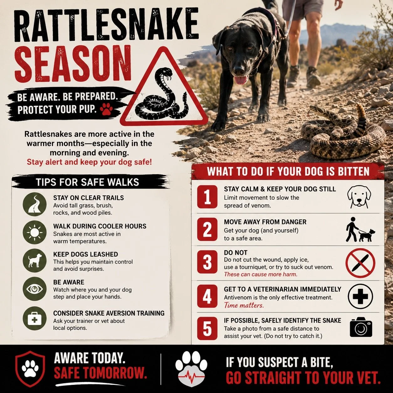 🐍 Rattlesnake season is here!

As temperatures rise, rattlesnakes become more active on trails, in tall grass, around rock piles, and even near neighborhoods. Keep your dogs leashed, stay on clear paths, and always be aware of your surroundings when