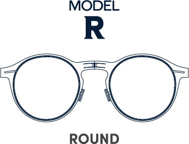 Outline drawing of round sunglasses with the text 'Model R' above and 'Round' below.