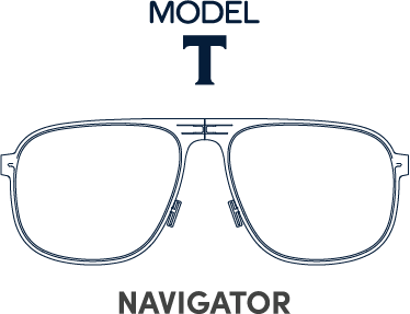 Outline of a pair of sunglasses labeled as model T Navigator