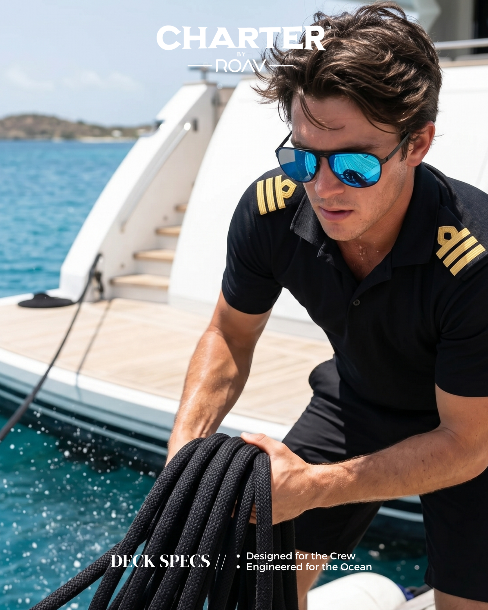 A man in a navy officer uniform and blue reflective sunglasses is on a boat, handling coiled black ropes with the ocean in the background and white structures on the boat.