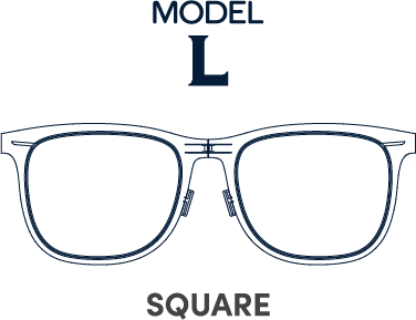 Line drawing of a pair of square-style glasses labeled as Model L.