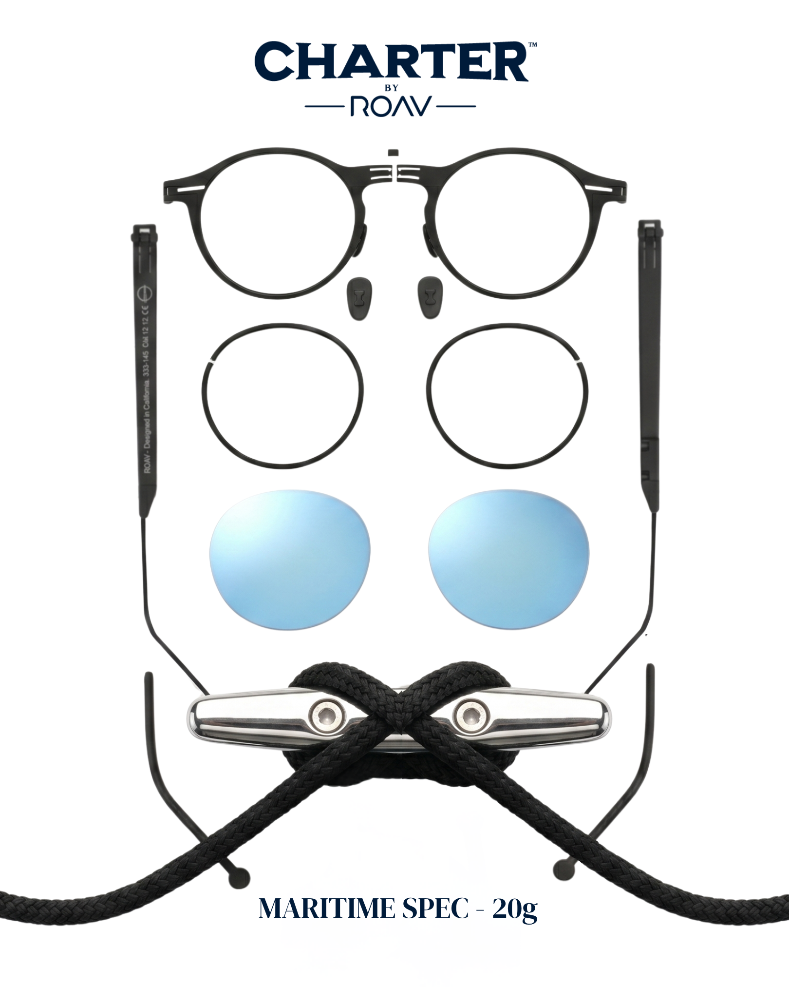 Pair of black round sunglasses, blue lenses, and black cords, positioned in front of a white background with text 'CHARTER BY ROAV' and 'MARITIME SPEC - 20g' at the bottom.