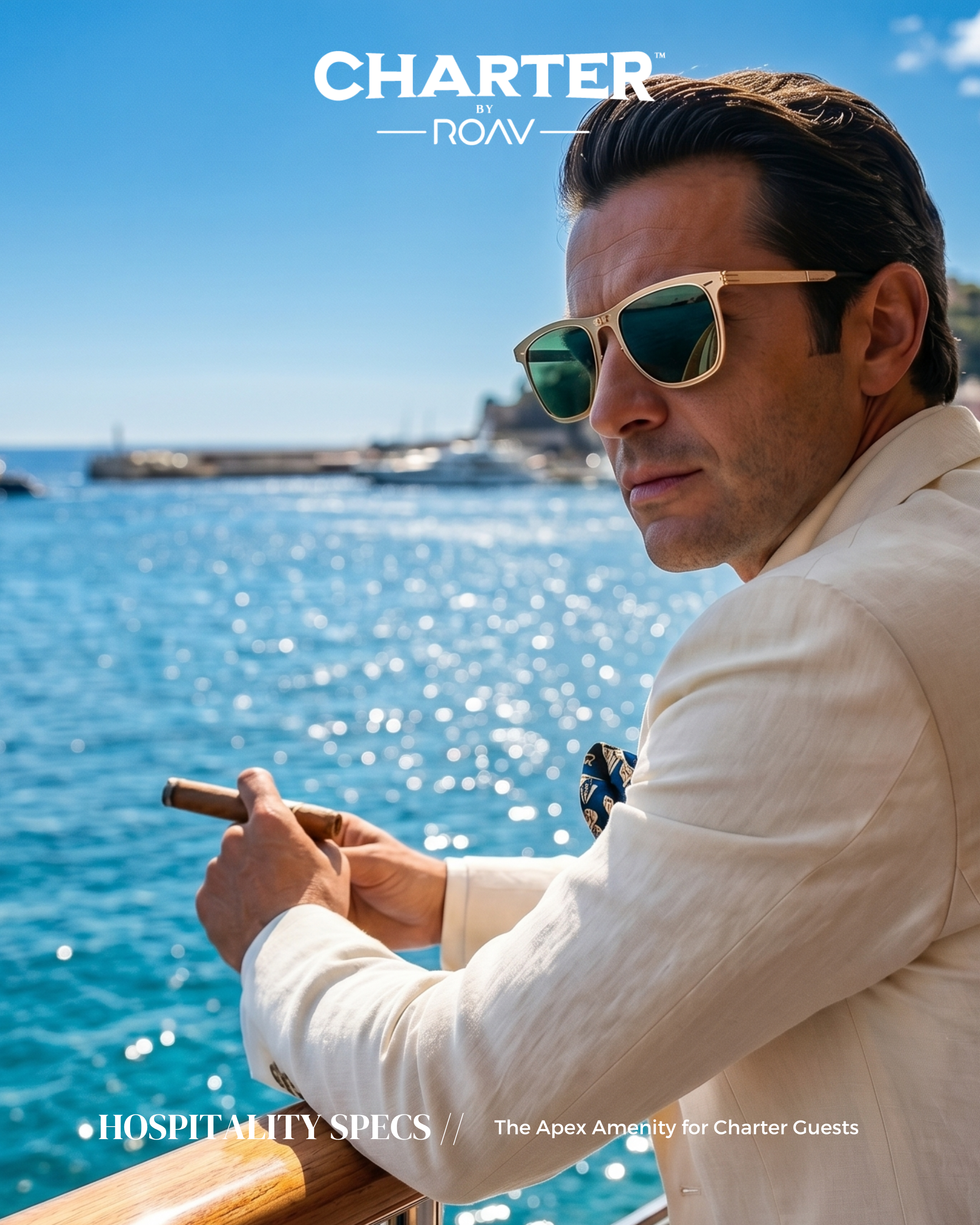 A man wearing white sunglasses and a cream-colored blazer sitting on a boat, holding a cigar, with a view of the ocean and boats in the background.