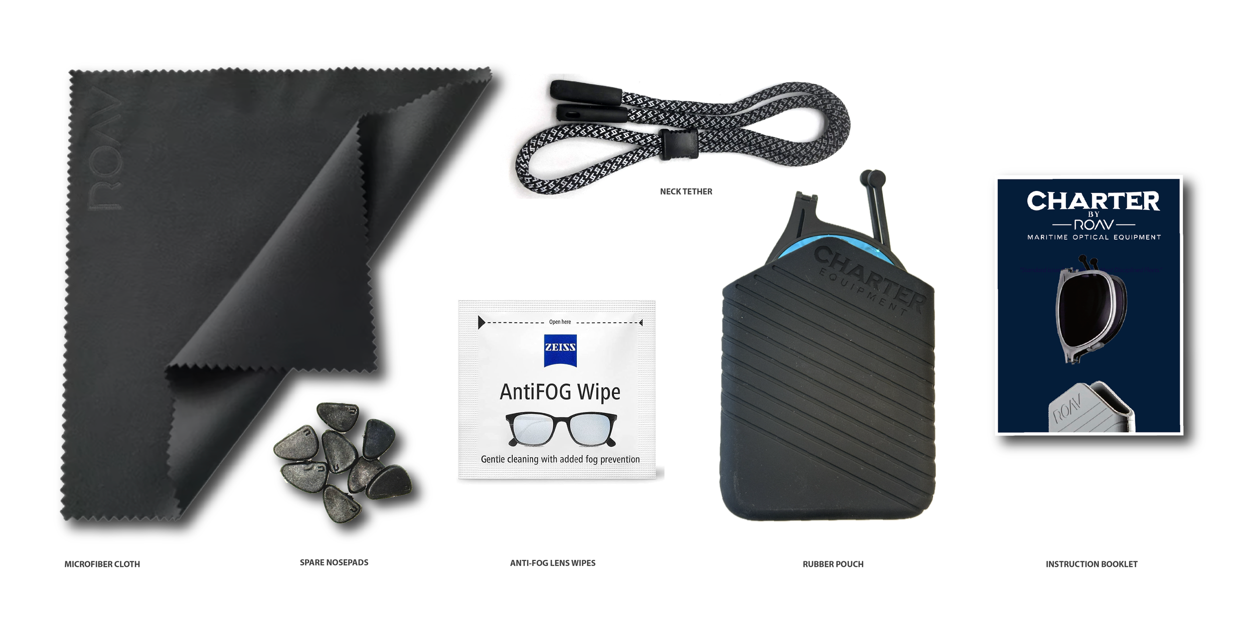 Collection of boating or maritime equipment including microfiber cloth, spare nosepads, anti-fog lens wipes, rubber pouch, instruction booklet, and various small stones.