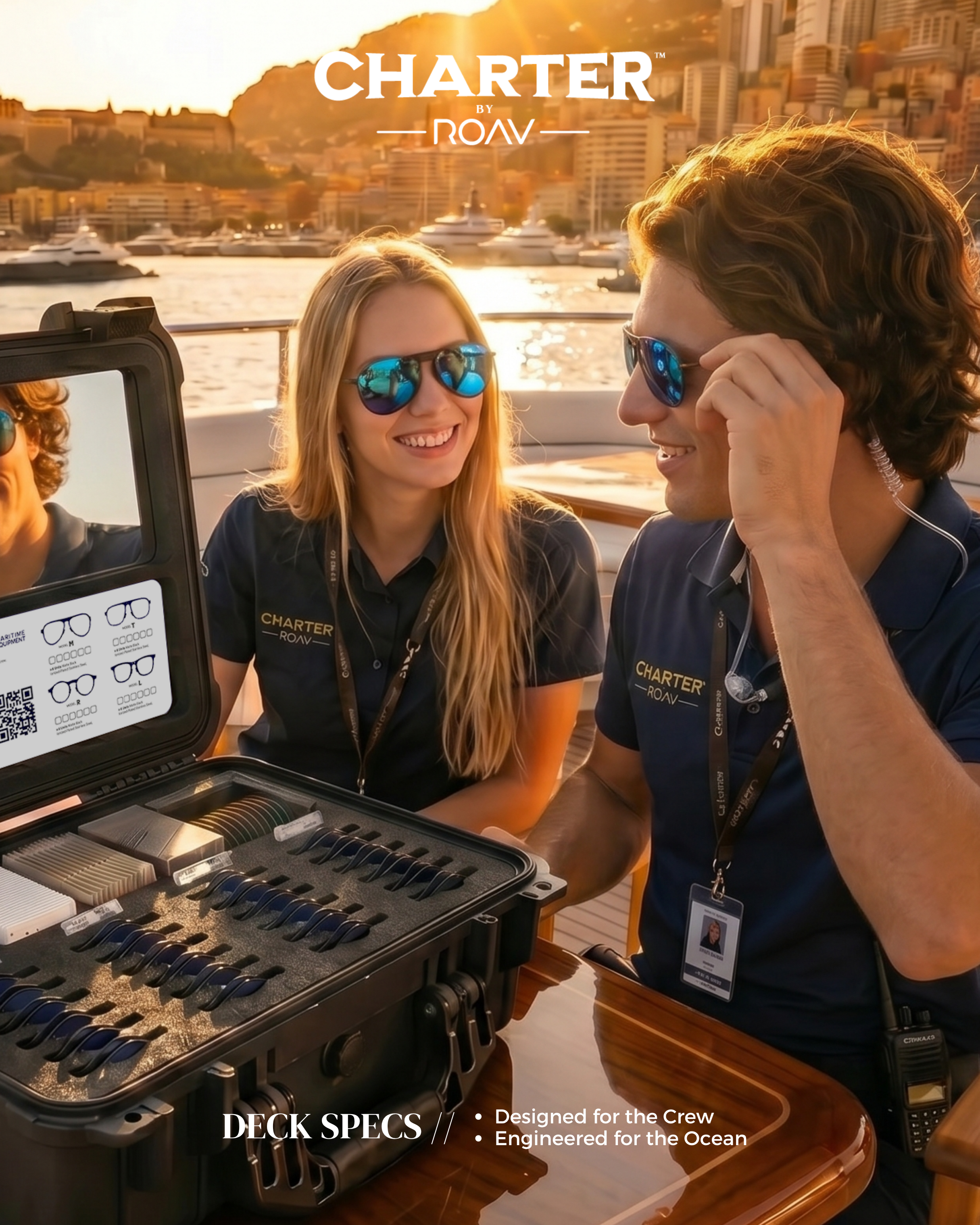 Two crew members on a boat smiling and talking while inspecting a box of different types of sunglasses. The background shows a sunny harbor with boats and a city skyline.