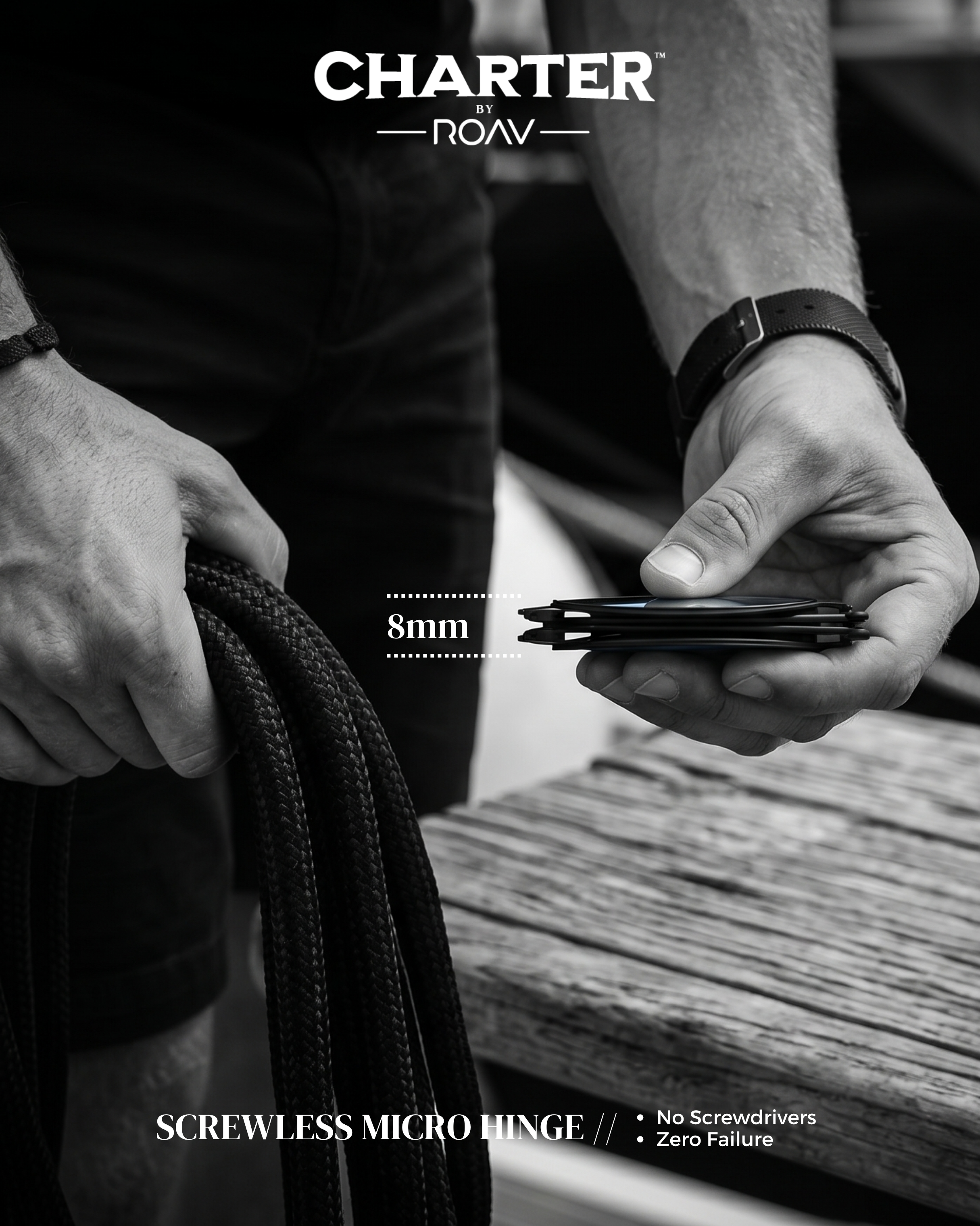 Close-up of a person's hand holding a coiled climbing rope, with a smartwatch on their wrist, with text overlay promoting screwless micro hinge technology for no screwdrivers and zero failure.