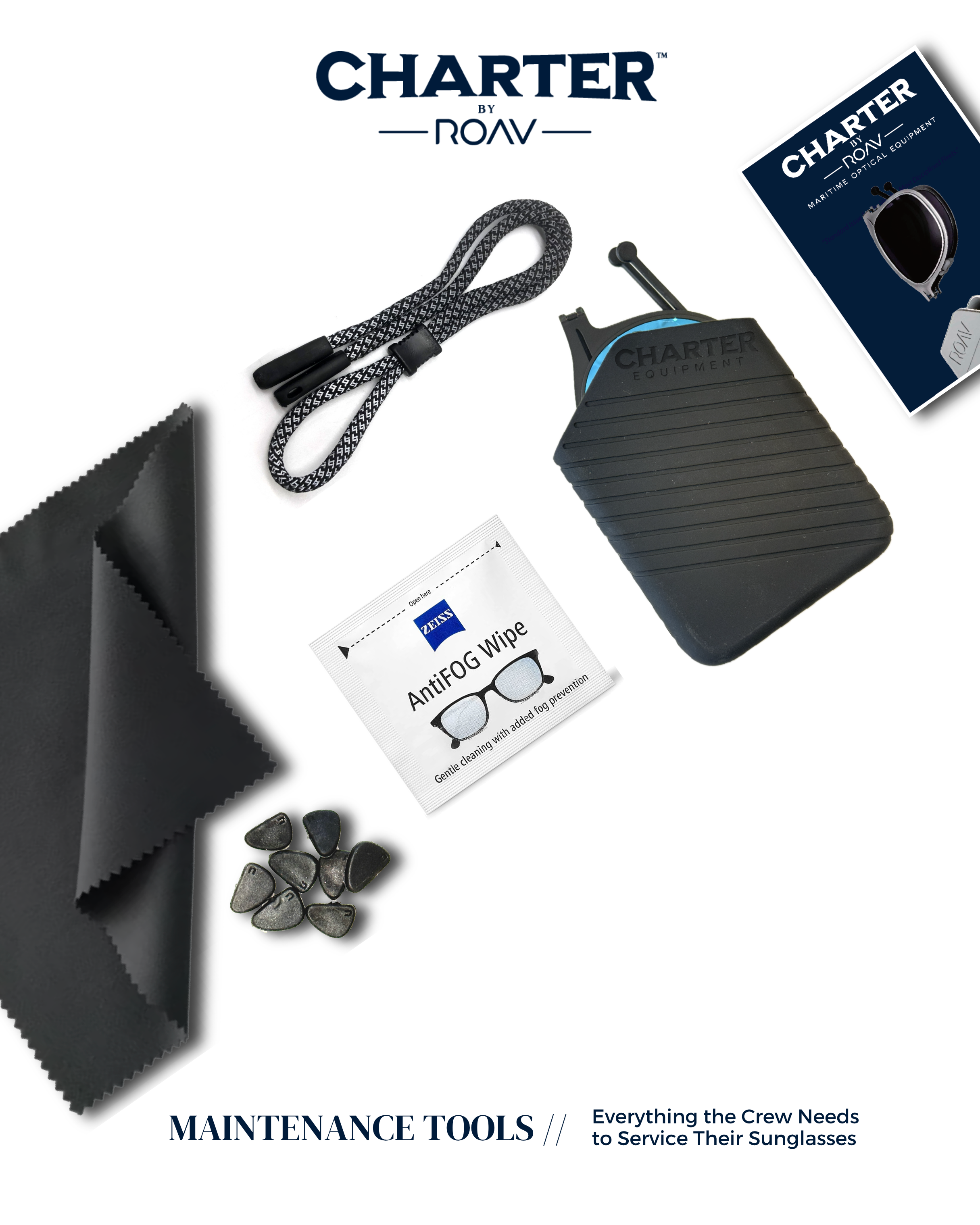 A collection of sunglasses maintenance tools, including a cleaning cloth, a lens wipe packet, a cleaning brush, a small black spray bottle, and a pair of sunglasses on a white background with text overlay promoting sunglasses maintenance.