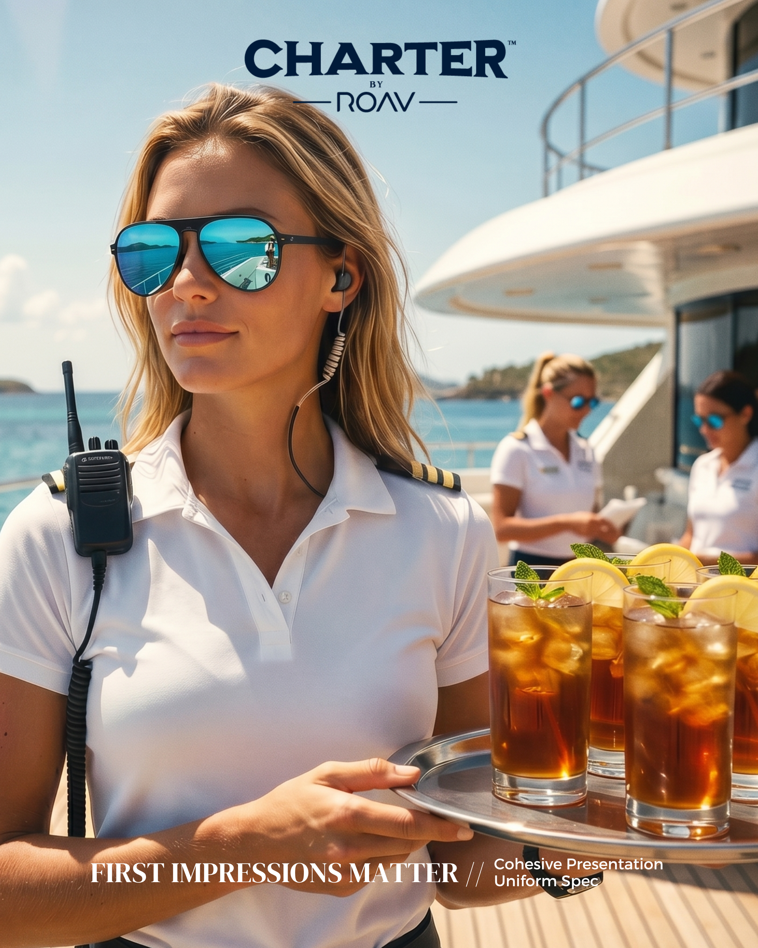 A woman in a white uniform with shoulder patches wearing sunglasses and an earpiece, holding a tray with tall glasses of iced tea with lemon slices and mint, on a cruise ship deck. Two women in uniforms are in the background.