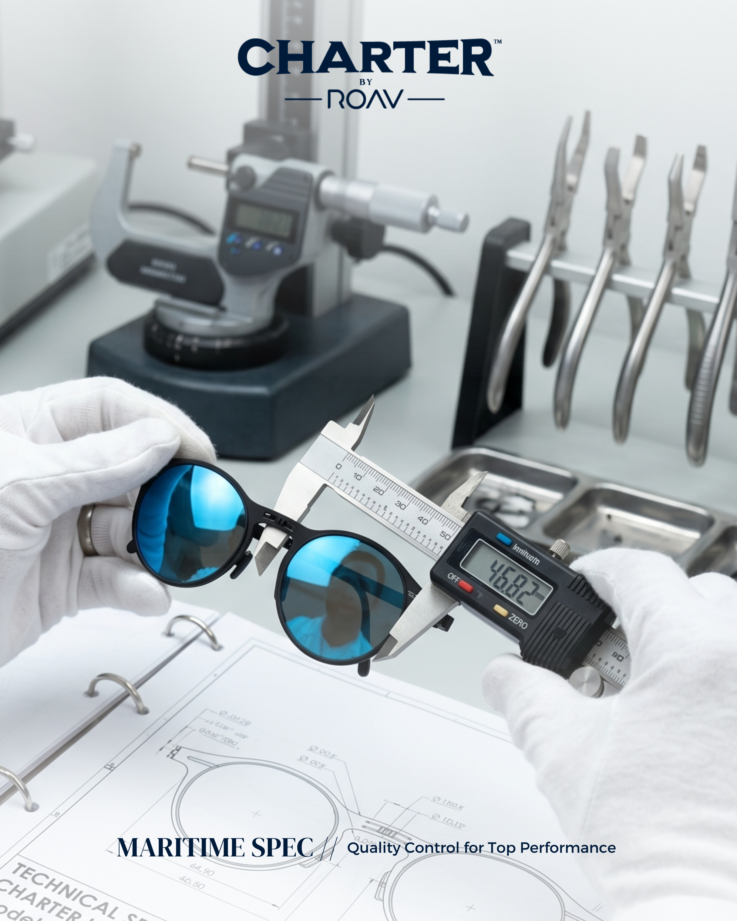 A person wearing white gloves is holding blue-lensed sunglasses and using a digital caliper to measure one of the lenses, with technical drawings and a metrology device in the background.