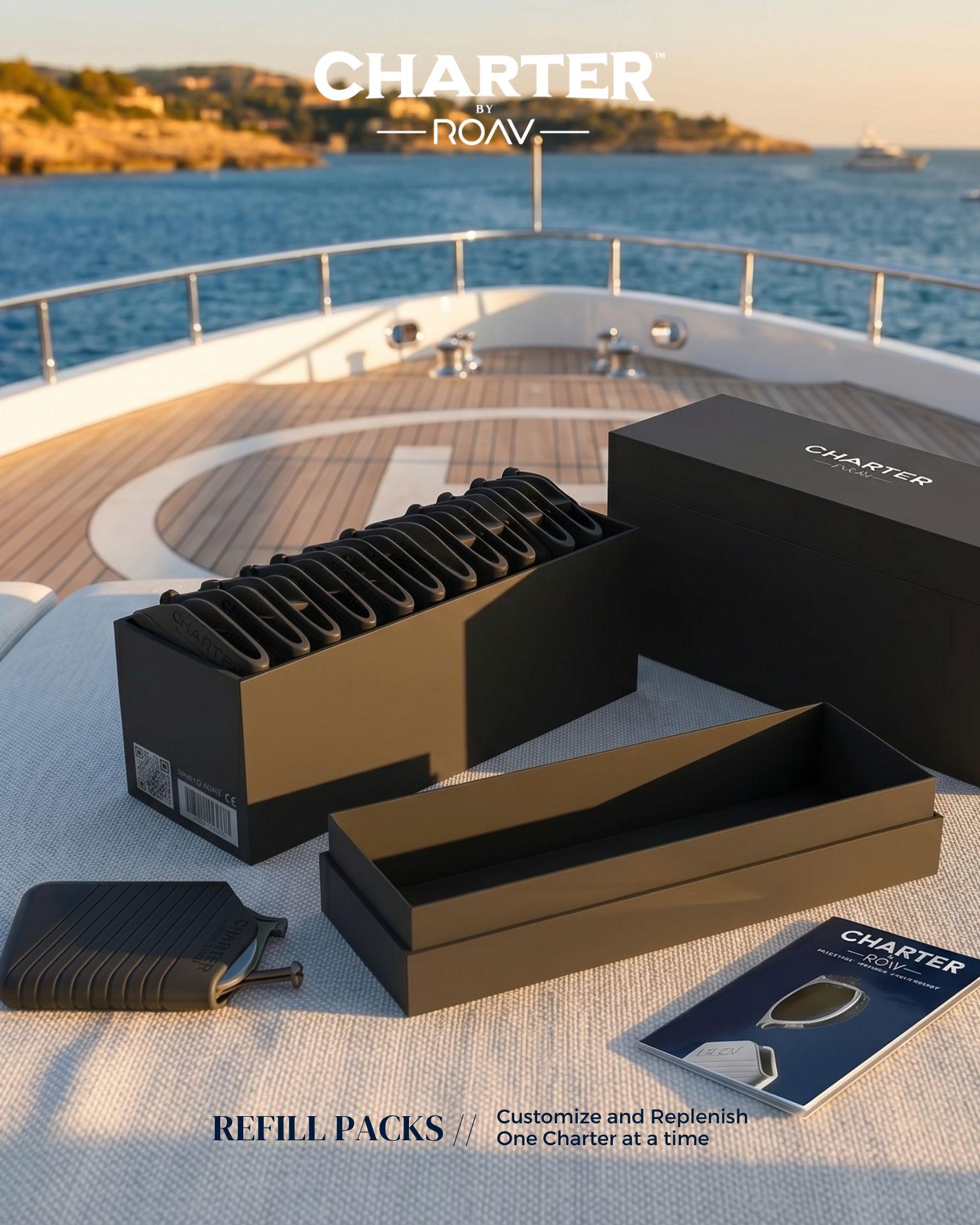 Photo of refill packs for a product called Charter from ROAV, with a box of black refill pods and packaging, set on a boat deck with water and boats in the background.