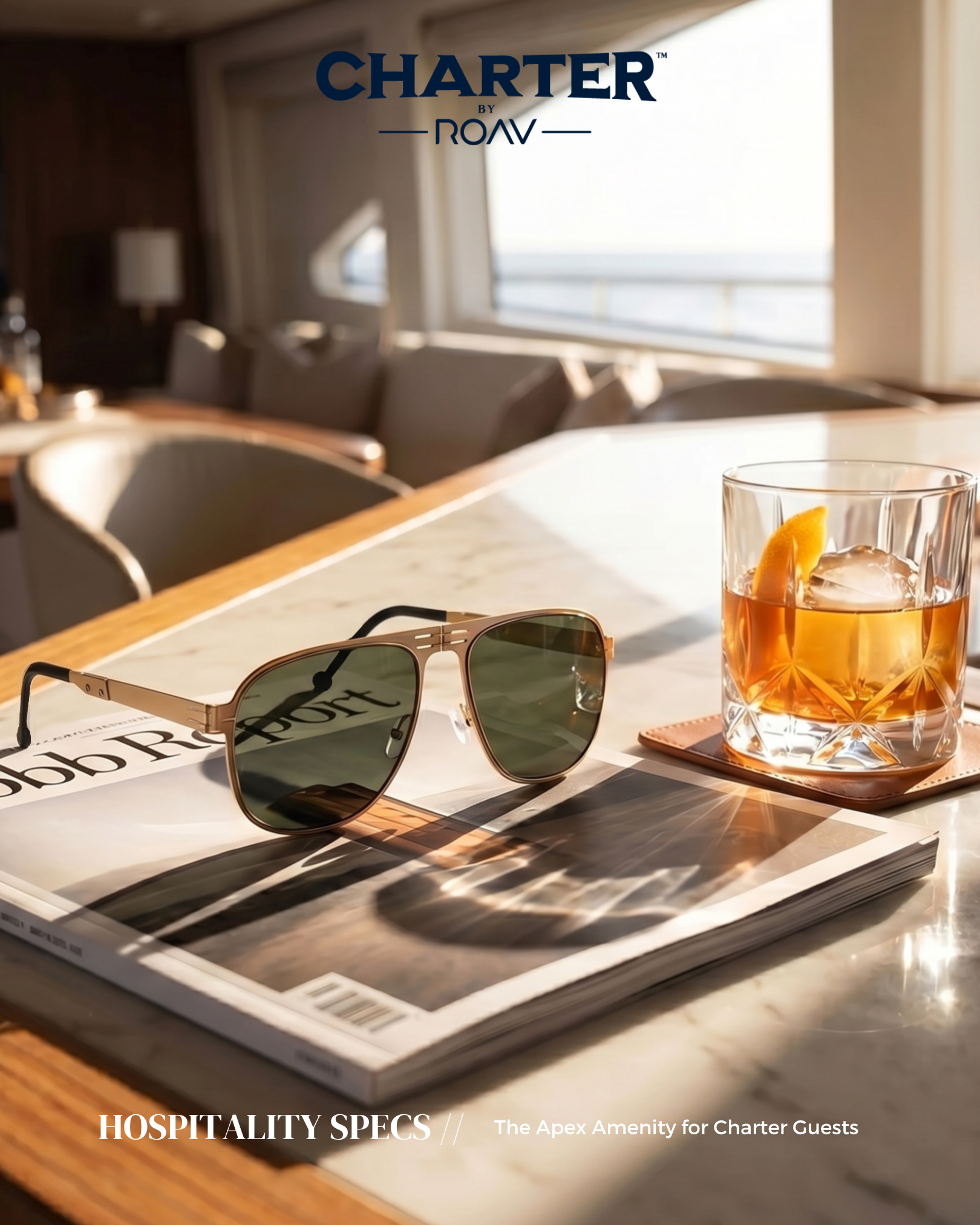 A magazine on a table with sunglasses and a glass of drink, with a background of a window and chairs, advertising hospitality amenities for charter guests.
