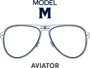 Line drawing of aviator sunglasses with the words "MODEL M" above and "AVIATOR" below.
