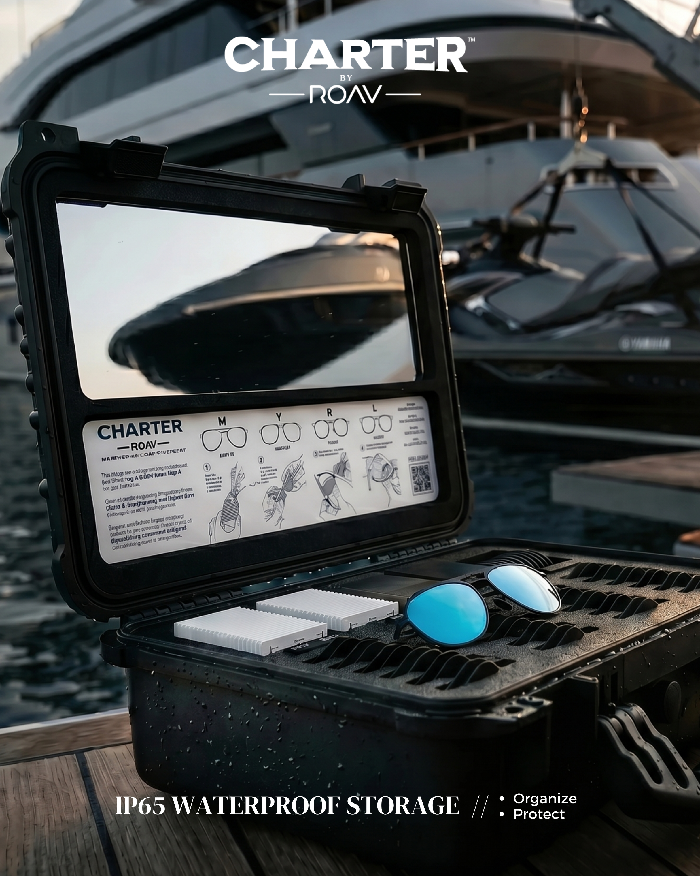 Open waterproof storage case with sunglasses, a small toolkit, and an eye chart for eyeglass fitting inside, with a boat in the background.