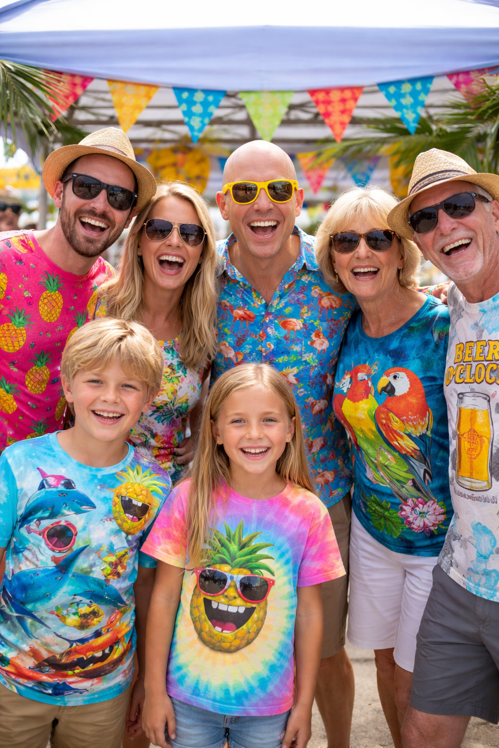 A group of smiling people at a festive outdoor event, wearing colorful tropical-themed shirts, sunglasses, and hats, with bright bunting decorations overhead.
