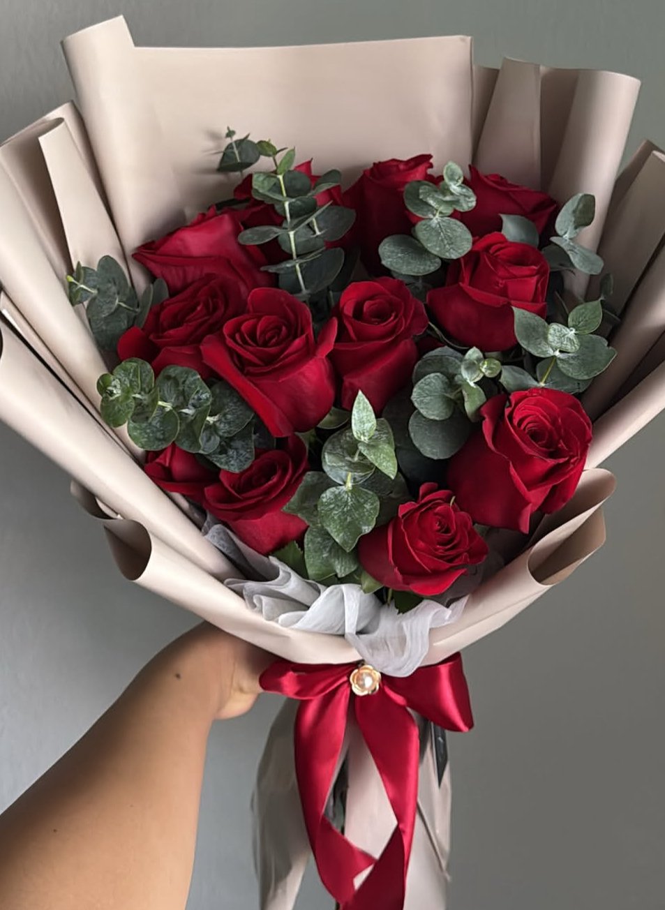 A Dozen Roses + Eucalyptus
