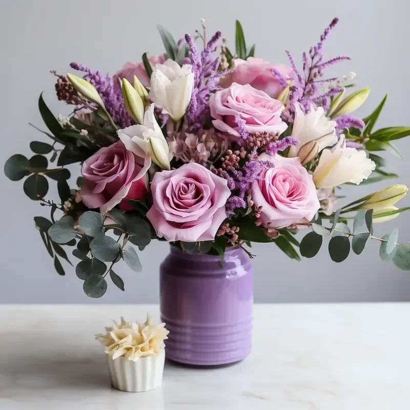 A bouquet of pink and white roses, purple and white lilies, and purple accent flowers in a purple vase.