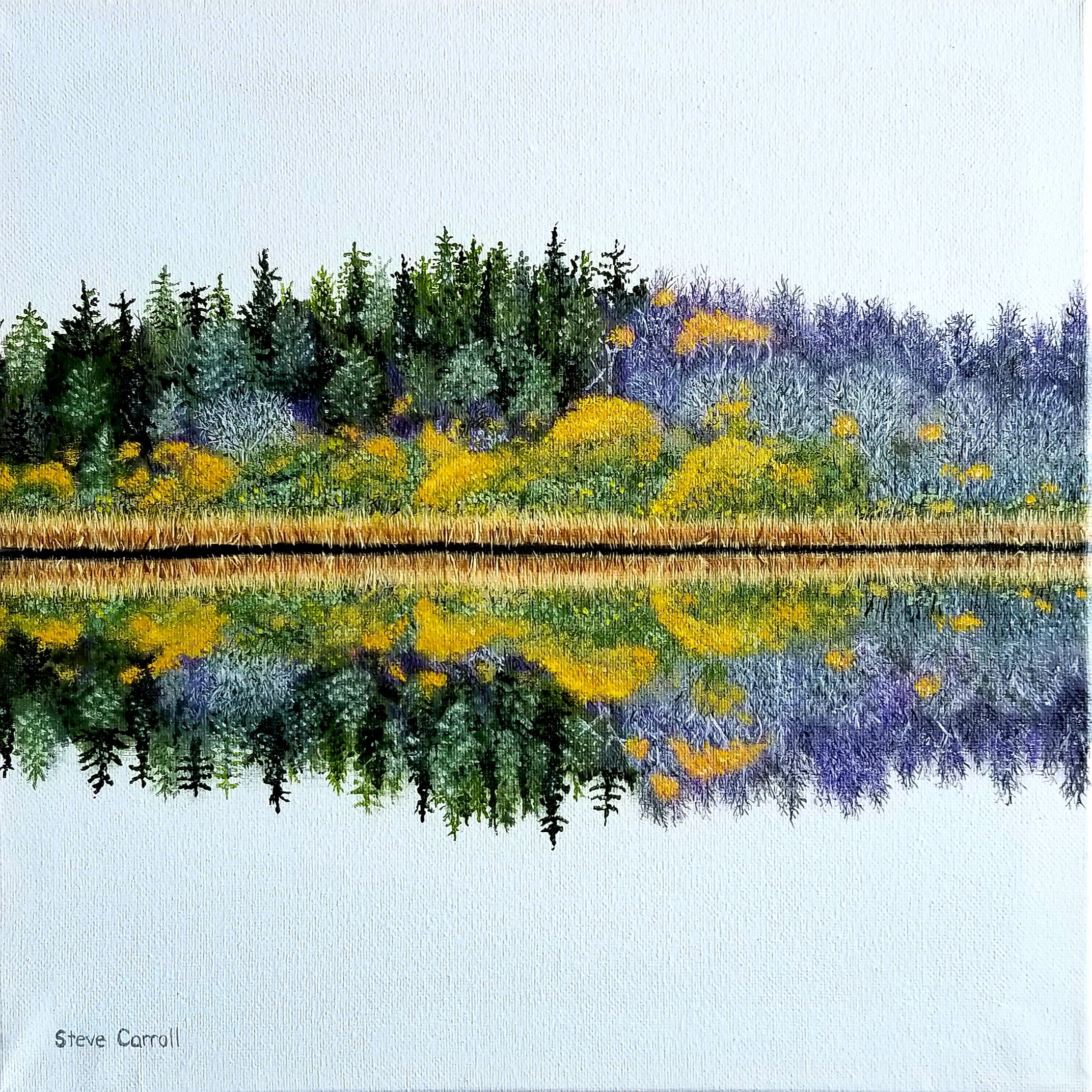 Artist Steve Carroll's oil painting of an island forest with a variety of trees and bushes reflected in a calm body of water.