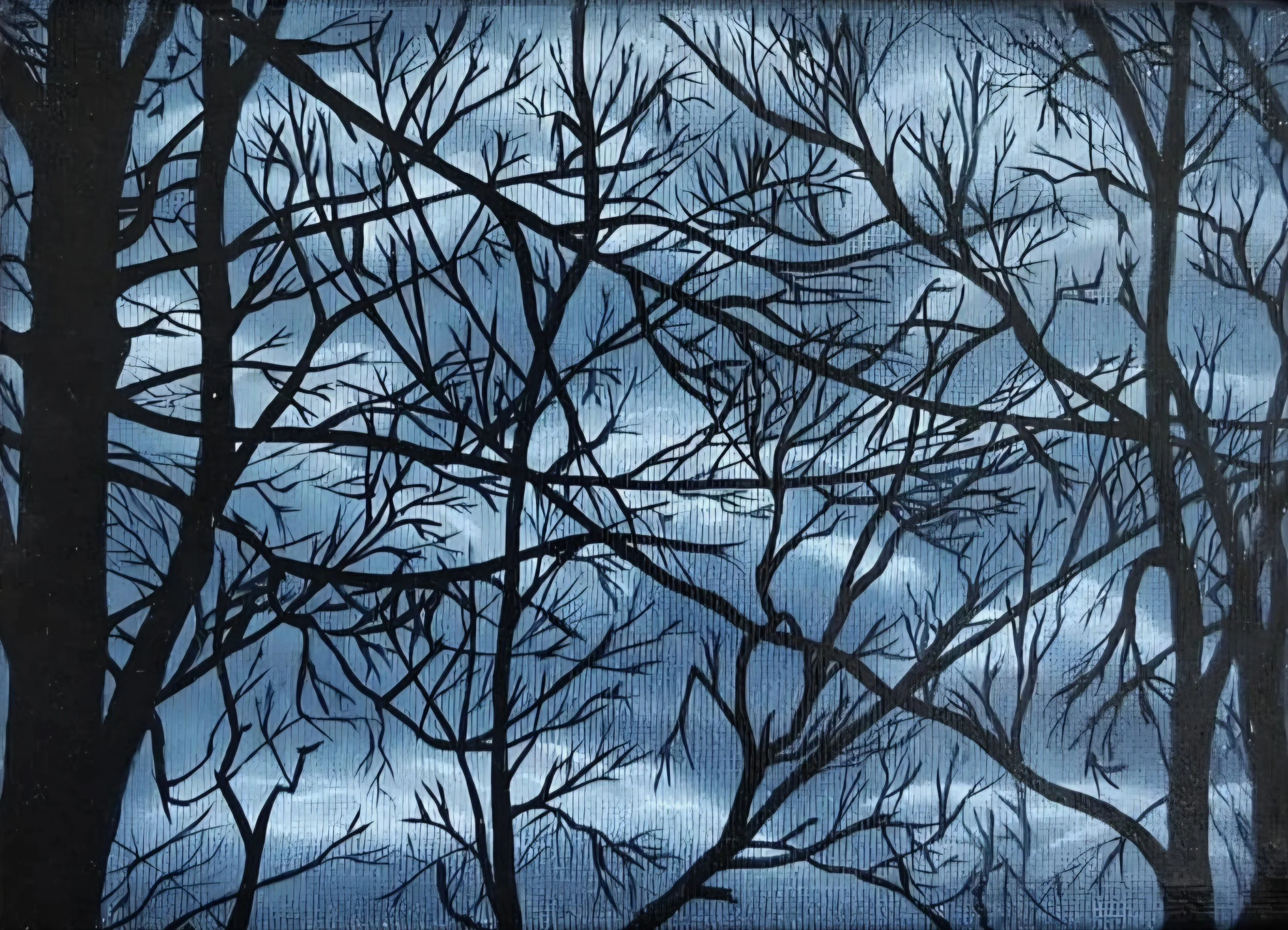 Artist Steve Carroll's oil painting of leafless trees with dark branches against a cloudy, blue sky located on Burnt River and titled Burnt River Storm A'comin.