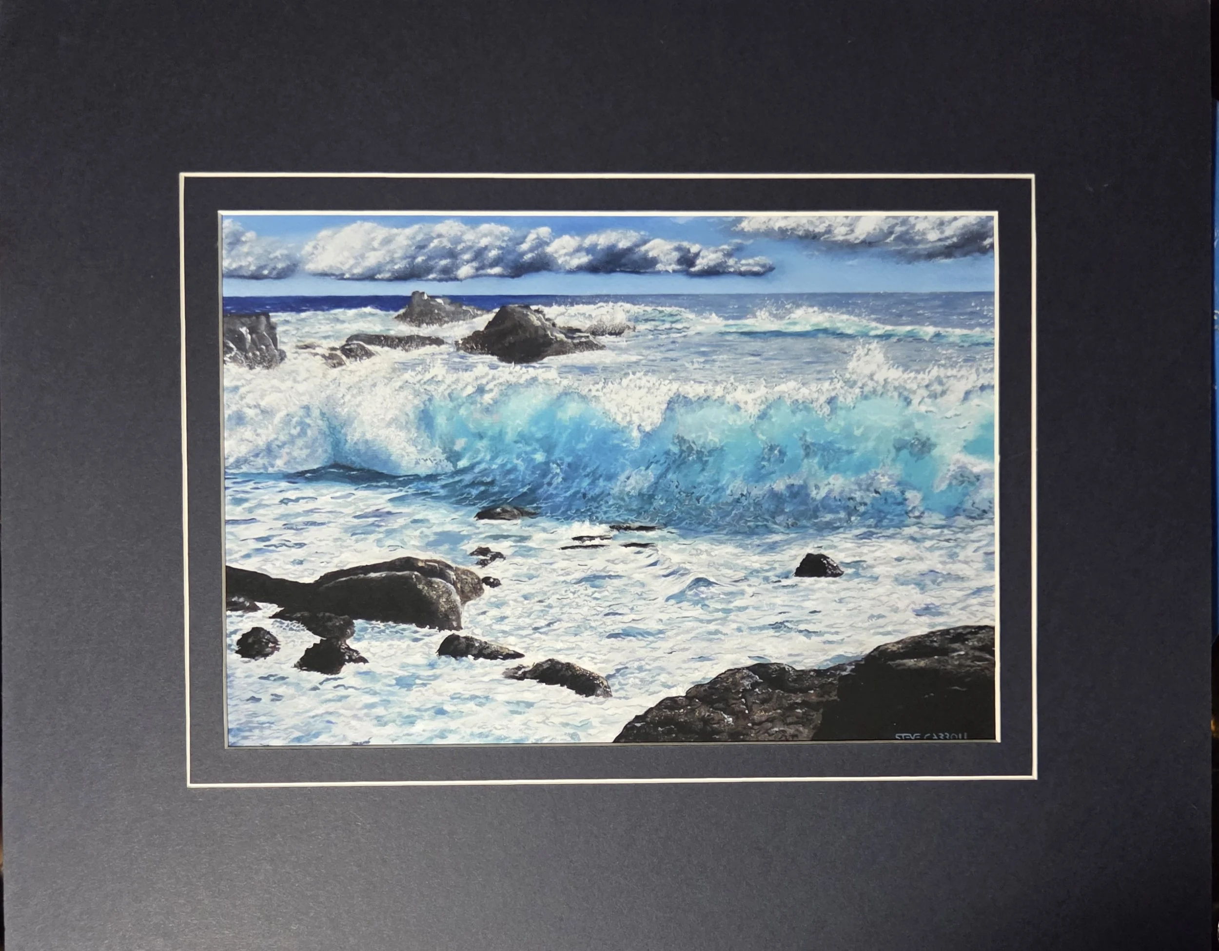 Artist Steve Carroll's oil painting of a seaside scene with crashing waves on rocks under a partly cloudy sky. The title is Teal I Sea You Again.