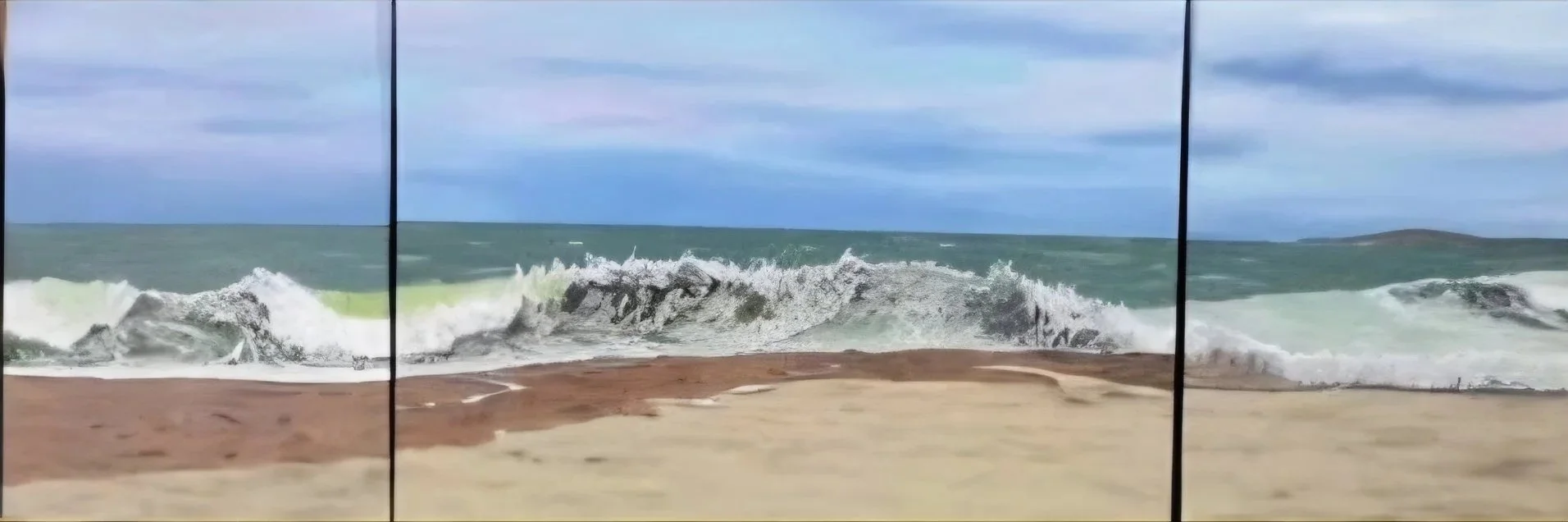 Artist Steve Carroll's oil painting triptych showing a beach scene with ocean waves crashing onto the shore under a partly cloudy sky.