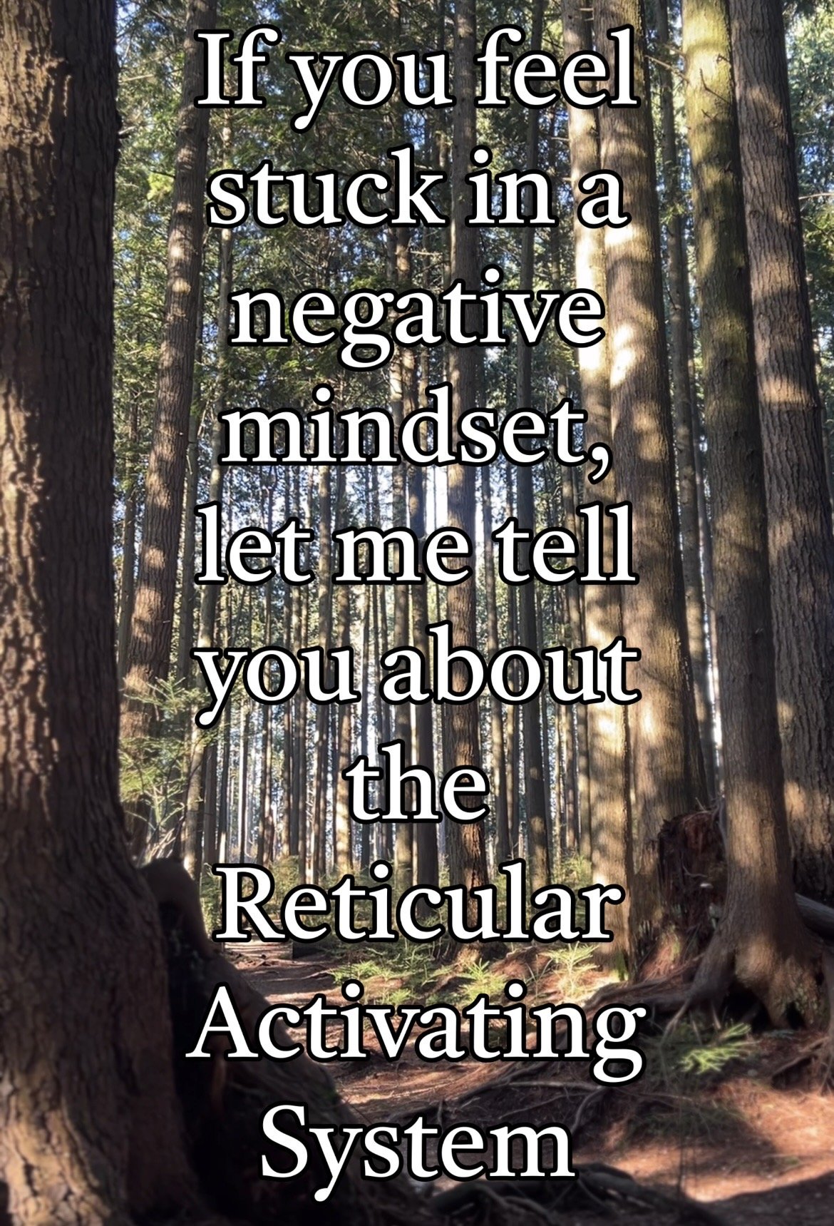 Text overlay on a forest scene reads: "If you feel stuck in a negative mindset, let me tell you about the Reticular Activating System." The background shows tall trees with sunlight filtering through the leaves.