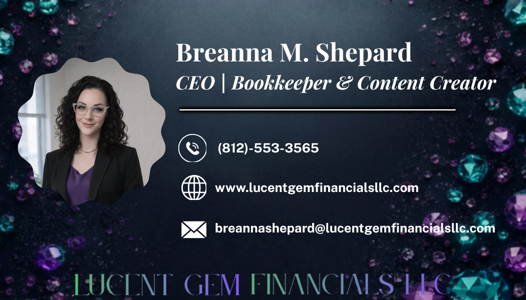 Business card for Breanna M. Shepard depicting her photo, contact information, and design elements with colorful gemstones on a dark background.