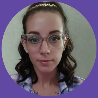 Close-up of a young woman with brown hair, glasses, and a purple circular background.
