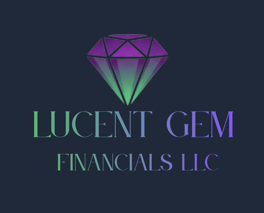 A logo with a purple and green gemstone above the text 'LUCENT GEM FINANCIALS LLC' in gradient colors on a dark background.