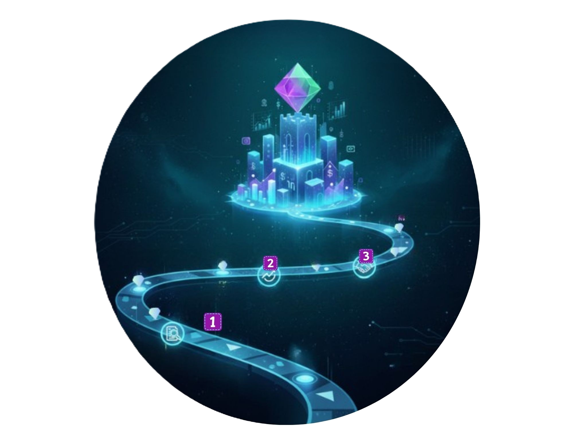 A futuristic digital illustration of a cityscape with glowing skyscrapers and a large, multi-colored gemstone floating above. It features a spiral pathway with numbered icons leading to the city.