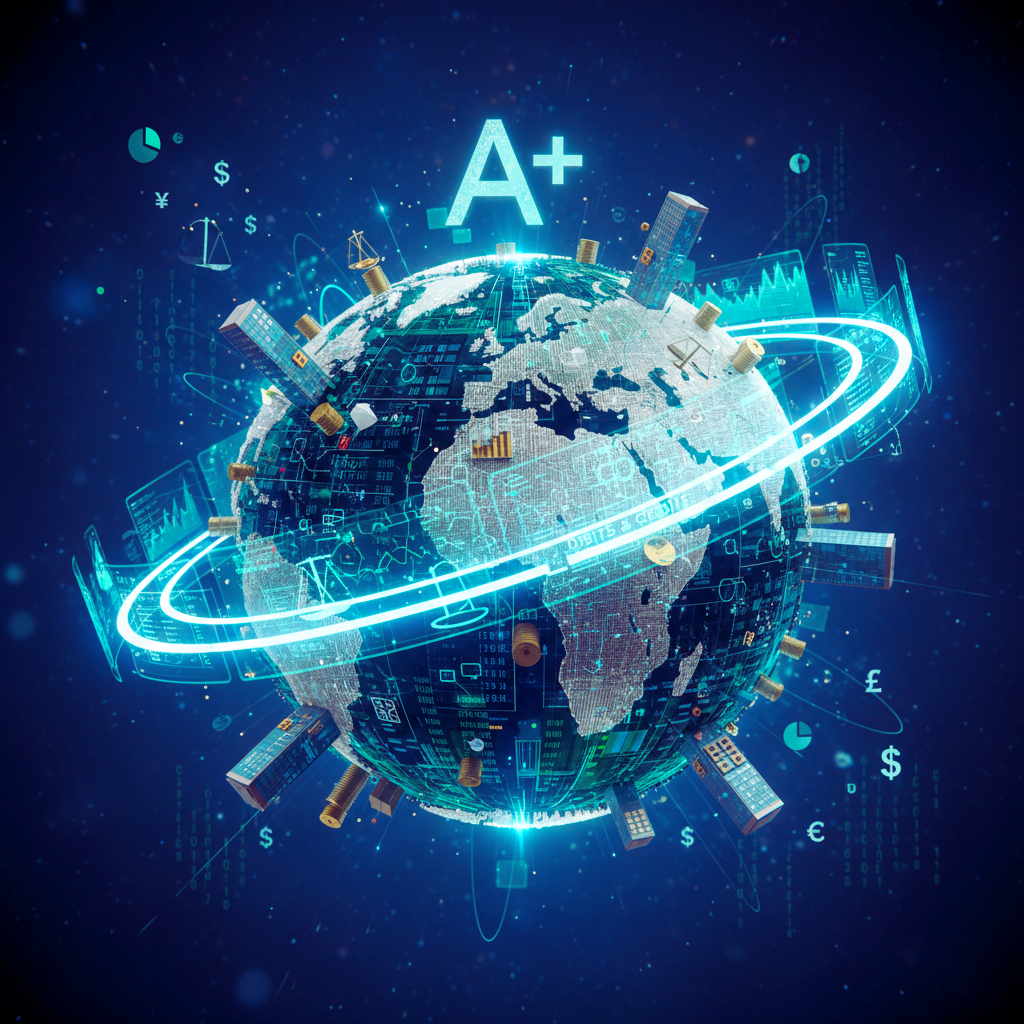 Digital globe with interconnected technology icons, profit and currency symbols, and a glowing A+ grade above.