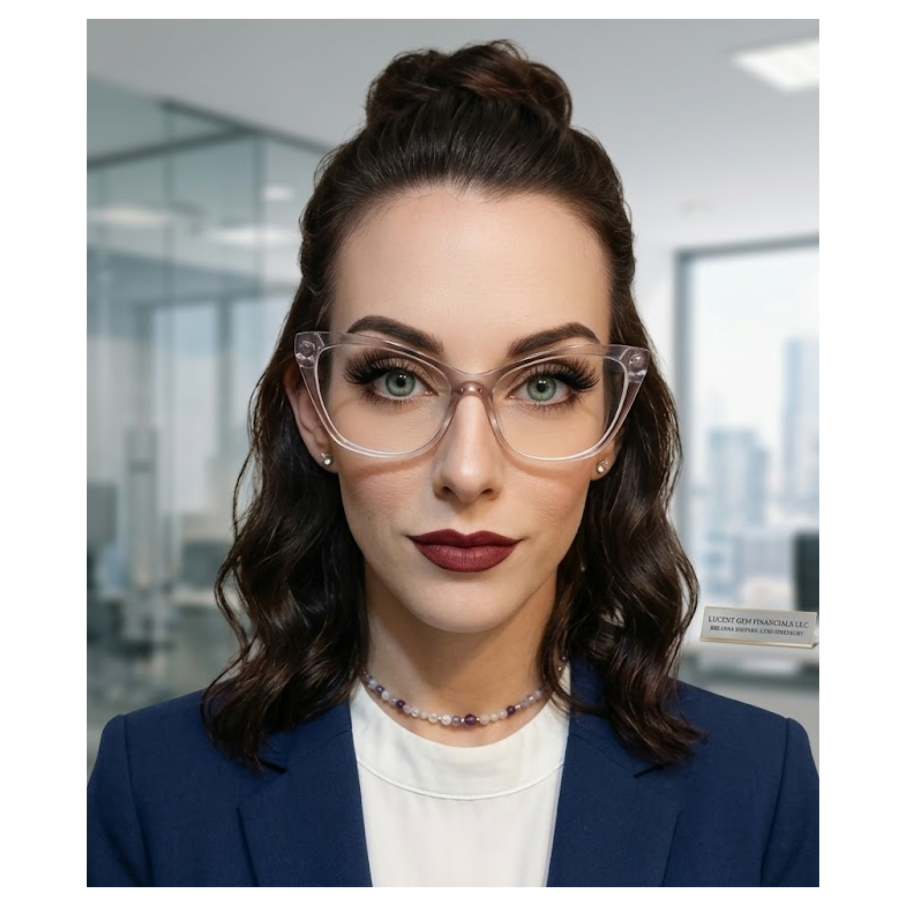 Close-up of a woman with green eyes, brown hair styled in waves, wearing transparent glasses, pearl earrings, a pearl necklace, a white blouse, and a navy blazer, standing in an office environment.