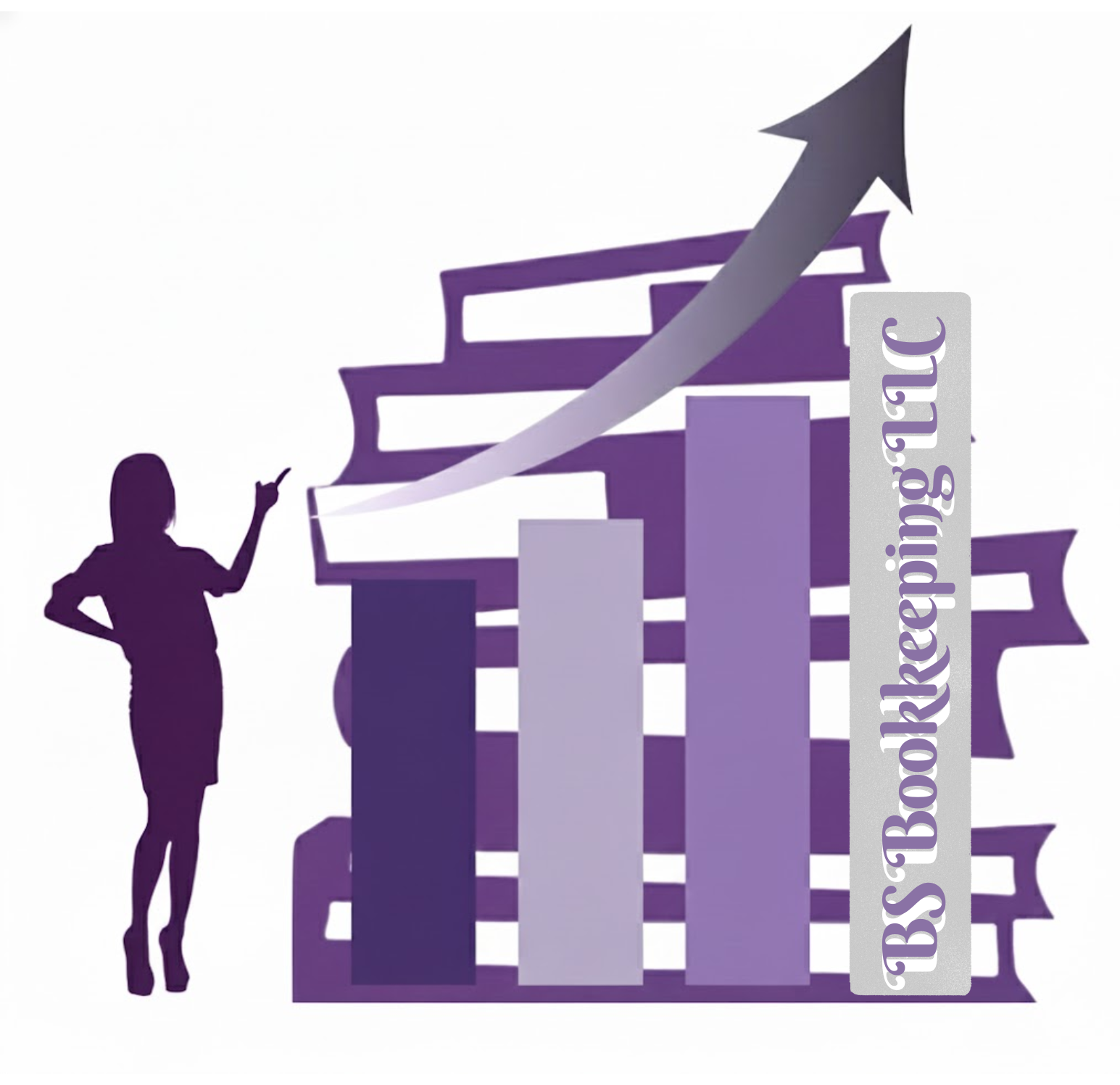 Silhouette of a woman pointing at a bar graph with ascending bars and a rising arrow, overlaid on a purple abstract background with the text 'B'S Bookkeeping LLC'.