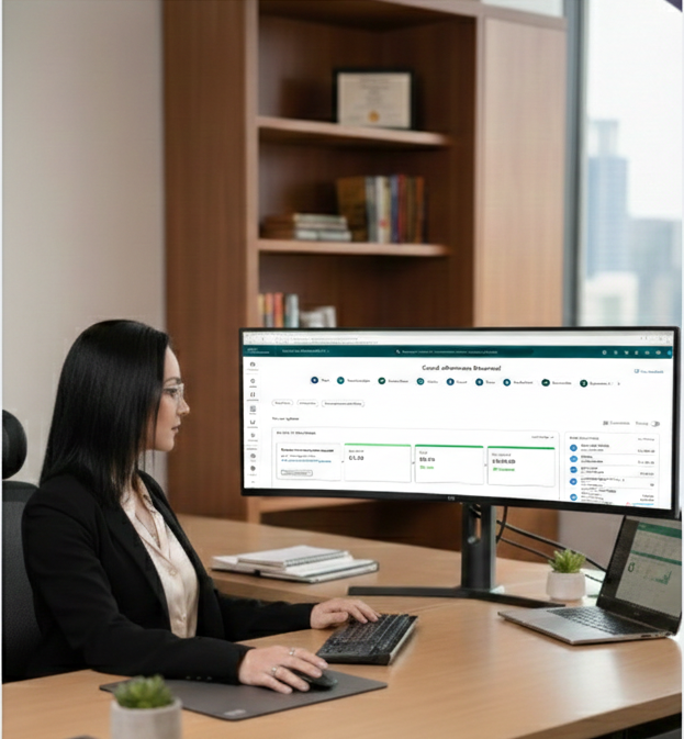 Businesswoman working on a desktop computer in an office with a large monitor, using QuickBooks Online for Bookkeeping.