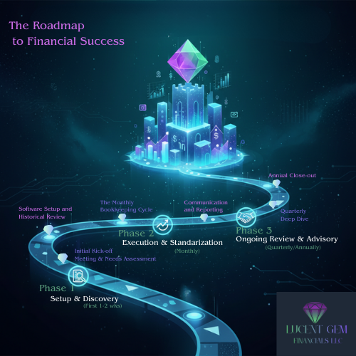 An infographic titled "The Roadmap to Financial Success" by Lucent Gem Financials LLC. It features a glowing, winding path leading to a futuristic neon castle topped with a large gemstone. The path is divided into three phases.