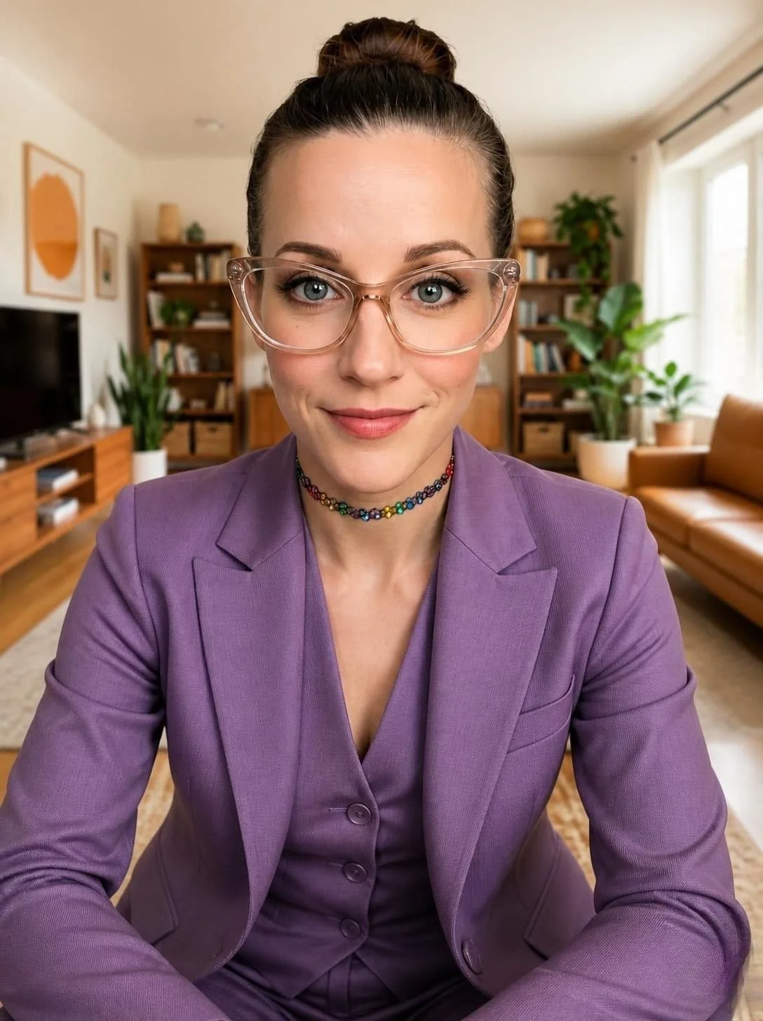 A woman with brown hair in a bun, wearing glasses, a purple blazer, and a colorful beaded choker, smiling in a well-lit living room with bookshelves, plants, and a window in the background.