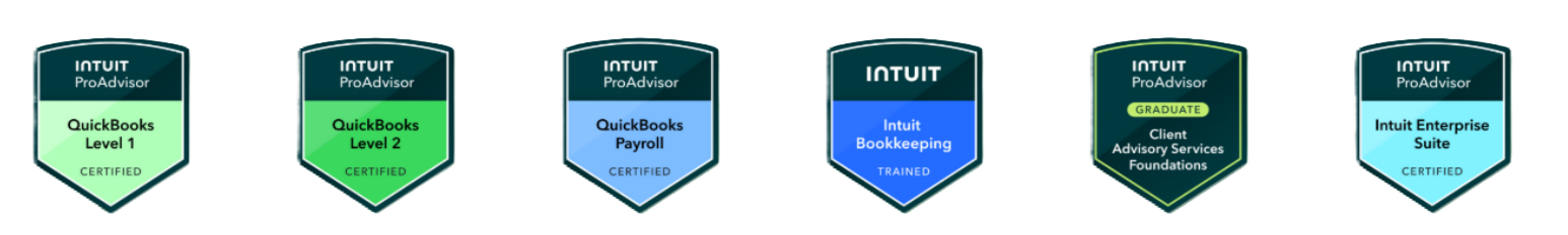 Six badges of Intuit certifications and training, including QuickBooks Level 1, QuickBooks Level 2, QuickBooks Payroll, Intuit Bookkeeping, Client Advisory Services Foundations, and Intuit Enterprise Suite.