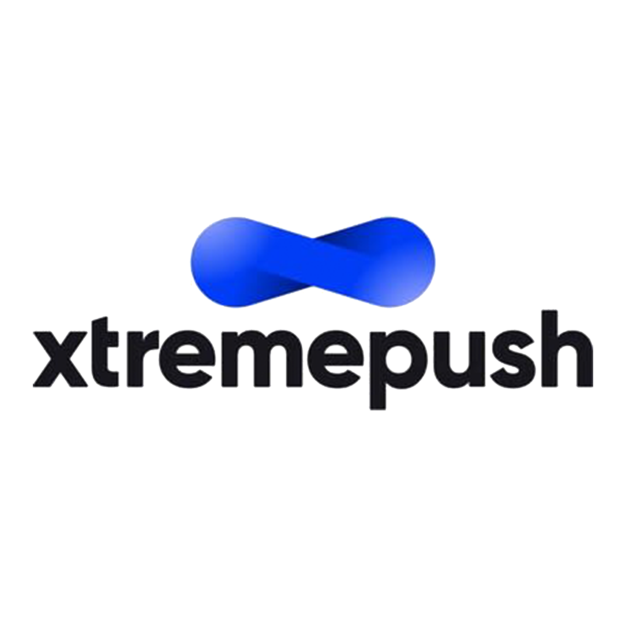 Blue infinity symbol above the black word 'xtremepush' on a black background.