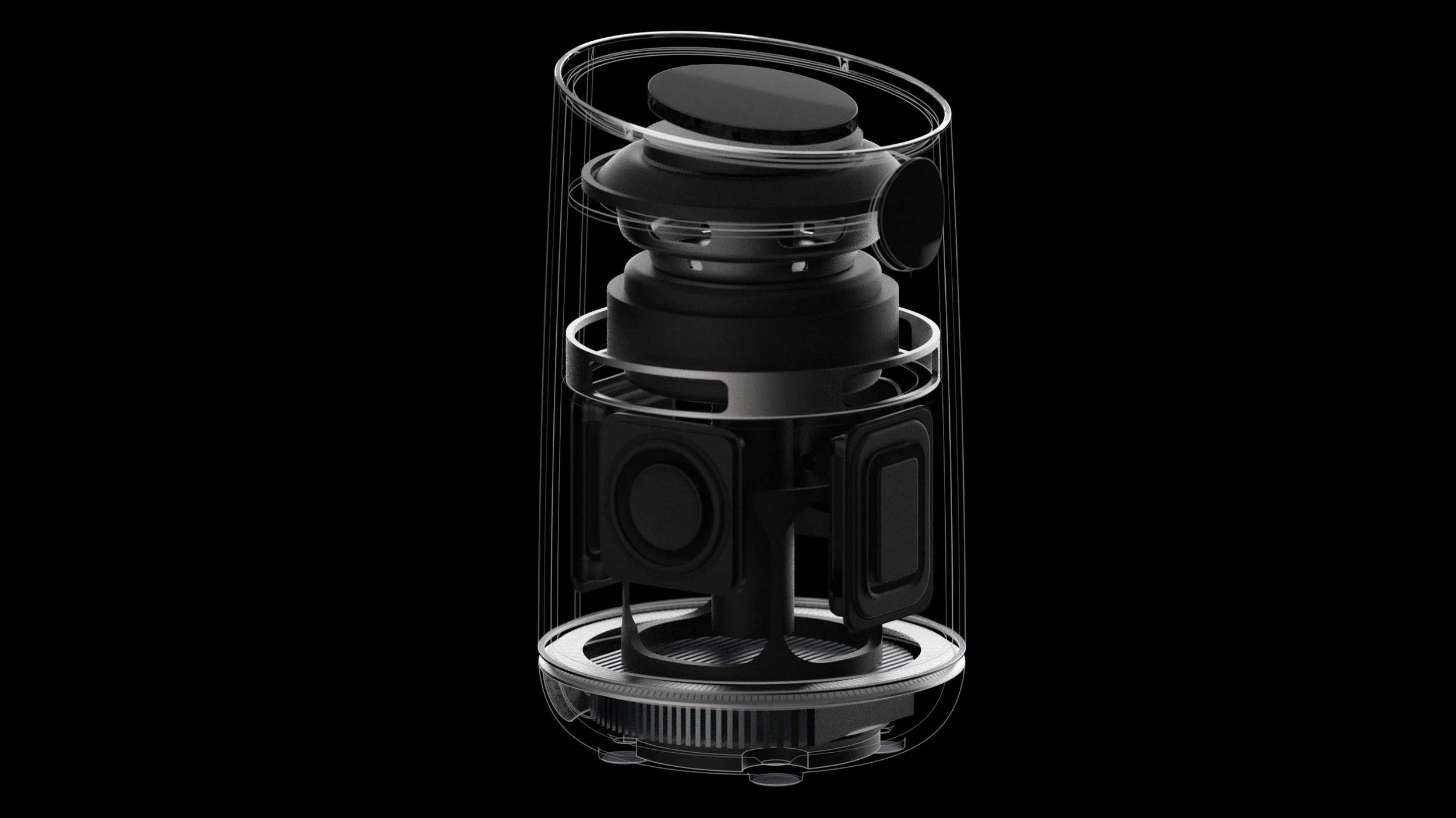 Exploded view illustrating component hierarchy, acoustic volume allocation, and assembly order.