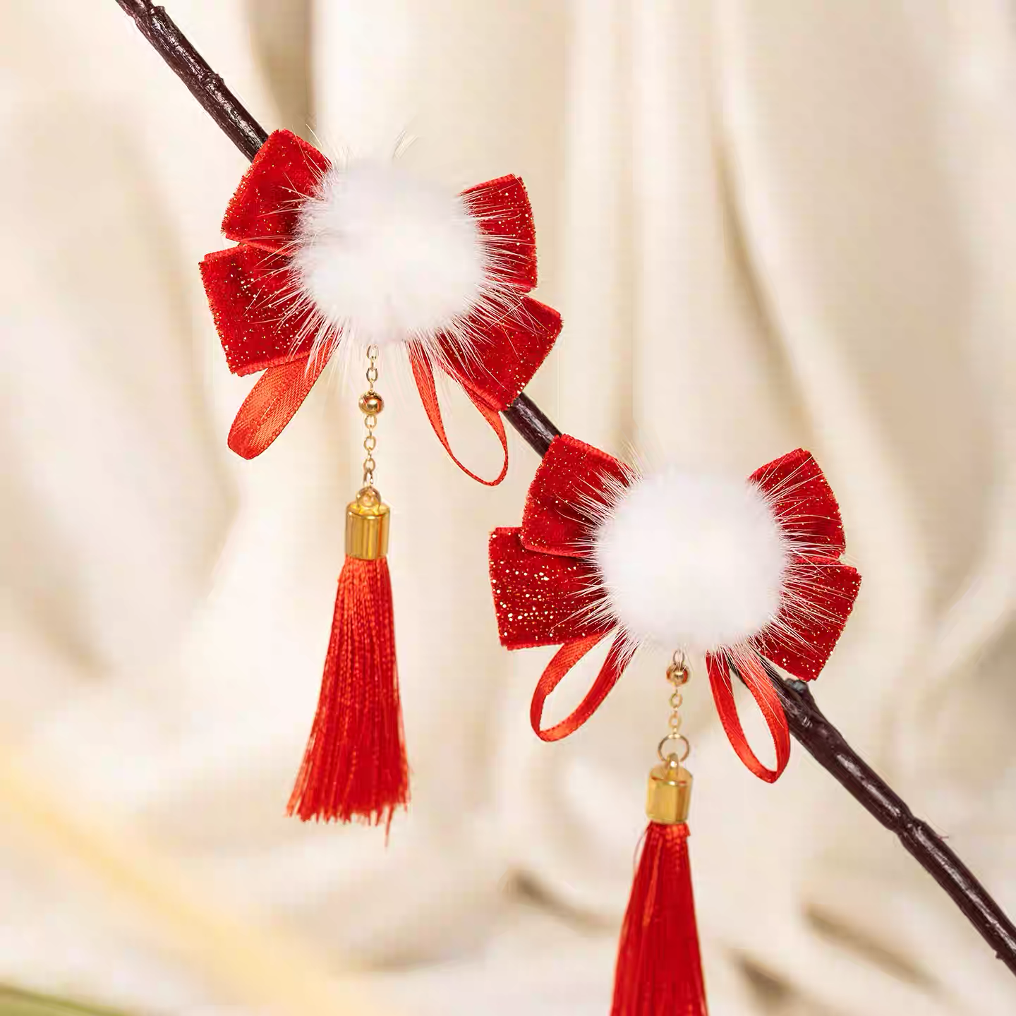 Hair Clip Pair with Red Bow and Pom-poms