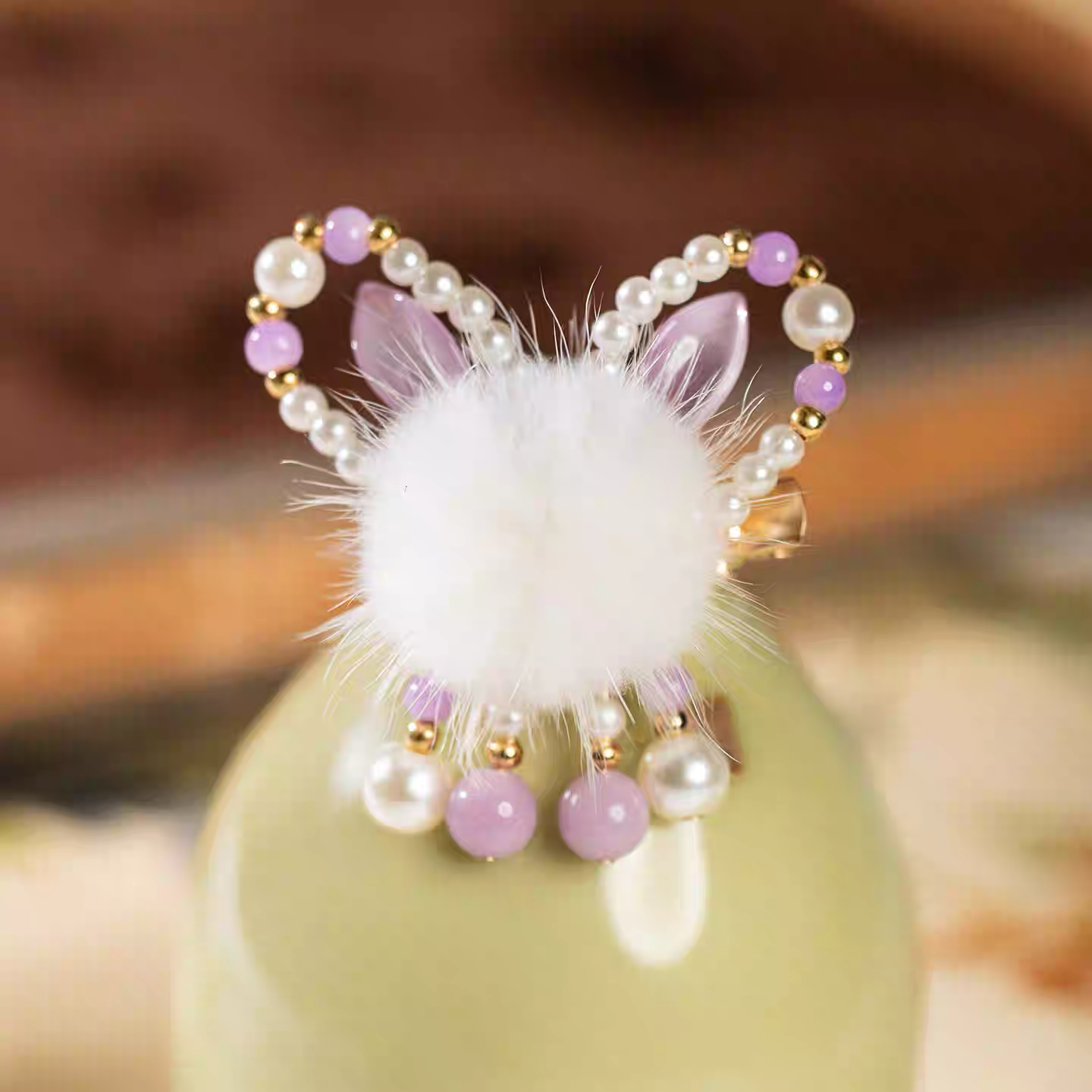 Rabbit Ear Pom-pom Hair Clip Pair with Purple Pearls
