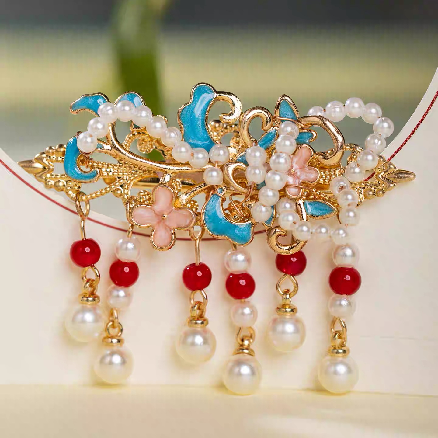 Enameled Flower Hair Clip Pair with Pearls