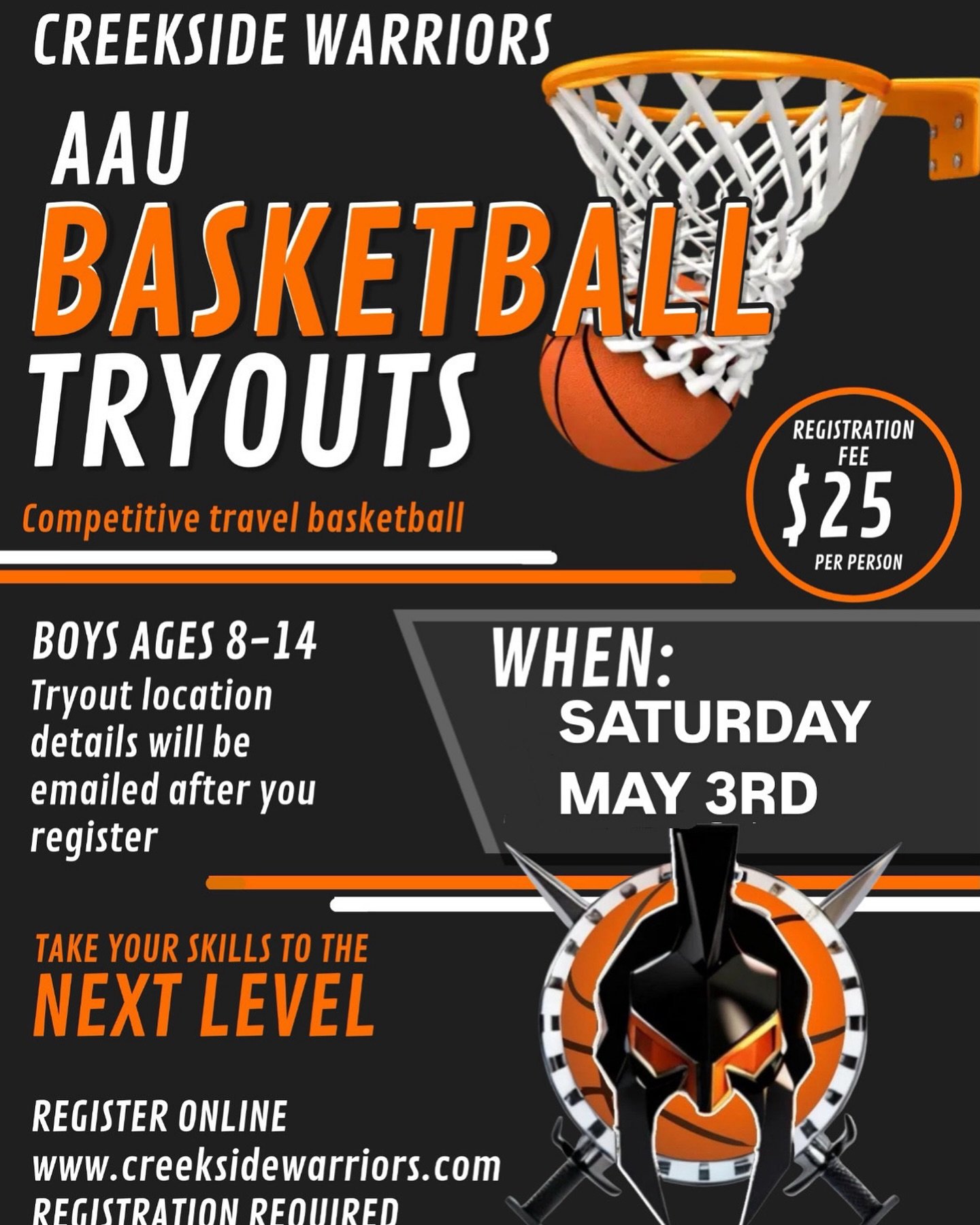 It&rsquo;s that time of the year again! Getting ready for our 2025 summer season. If your ready to push your game to the next level and play competitive basketball come to our tryouts. Ages 9-14 register at Creeksidewarriors.com #creeksidevseverybody