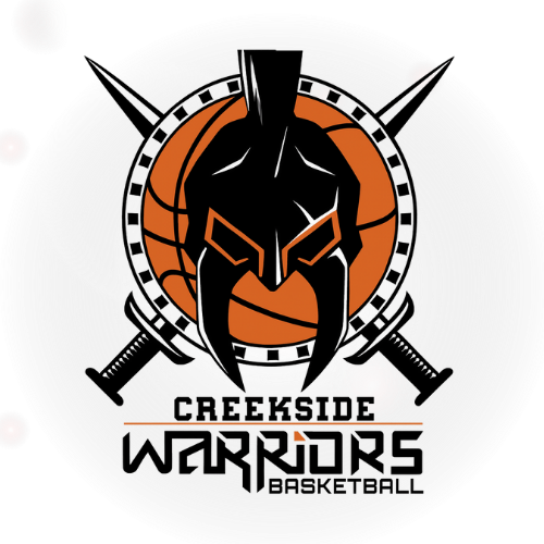 Logo of Creekside Warriors Basketball featuring a Spartan helmet with swords crossed behind it.