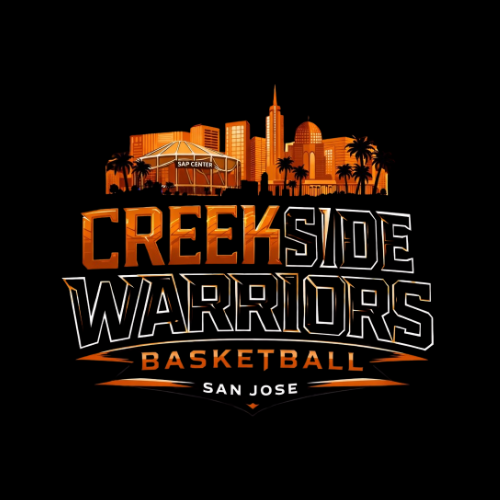 Graphic logo for Creekside Warriors Basketball featuring a city skyline and palm trees with the text 'Creekside Warriors Basketball San Jose'.