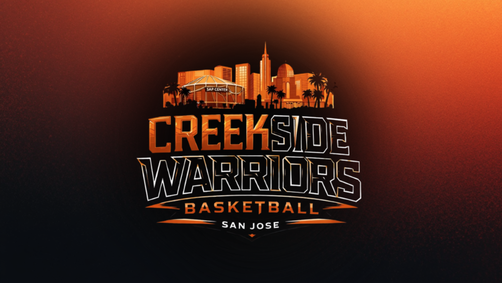 Logo for Creekside Warriors Basketball, San Jose. Features a skyline with tall buildings, palm trees, and a sports arena, with orange and black colors.