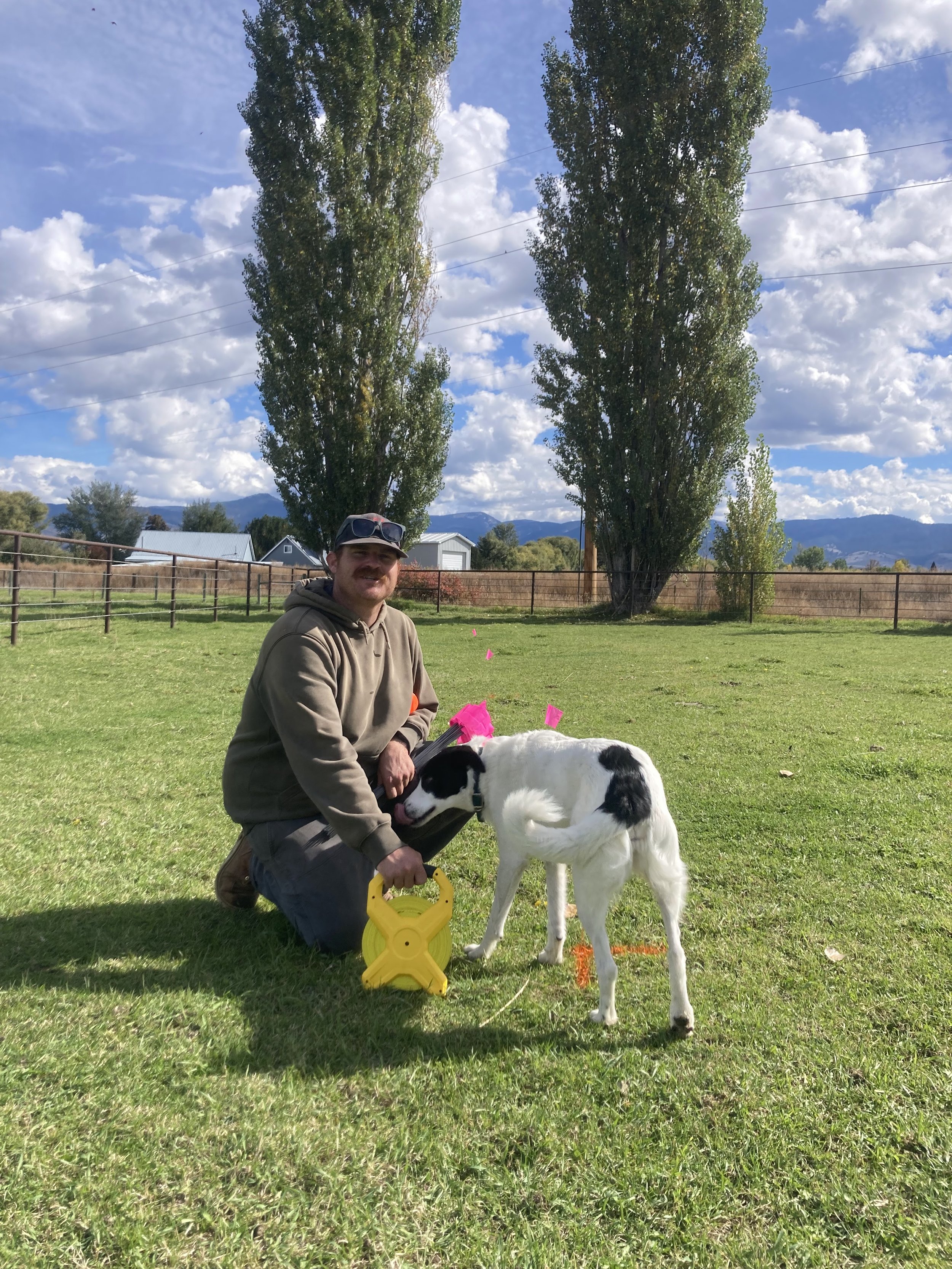 A man kneeling on grass next to a black and white dog in an open field with trees and a fence in the background, under a partly cloudy sky.